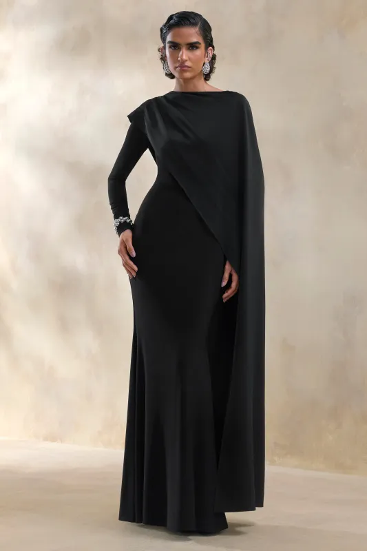 Salenne | Black Round-Neck Maxi Dress With Satin Asymmetric-Cape made by Club L London