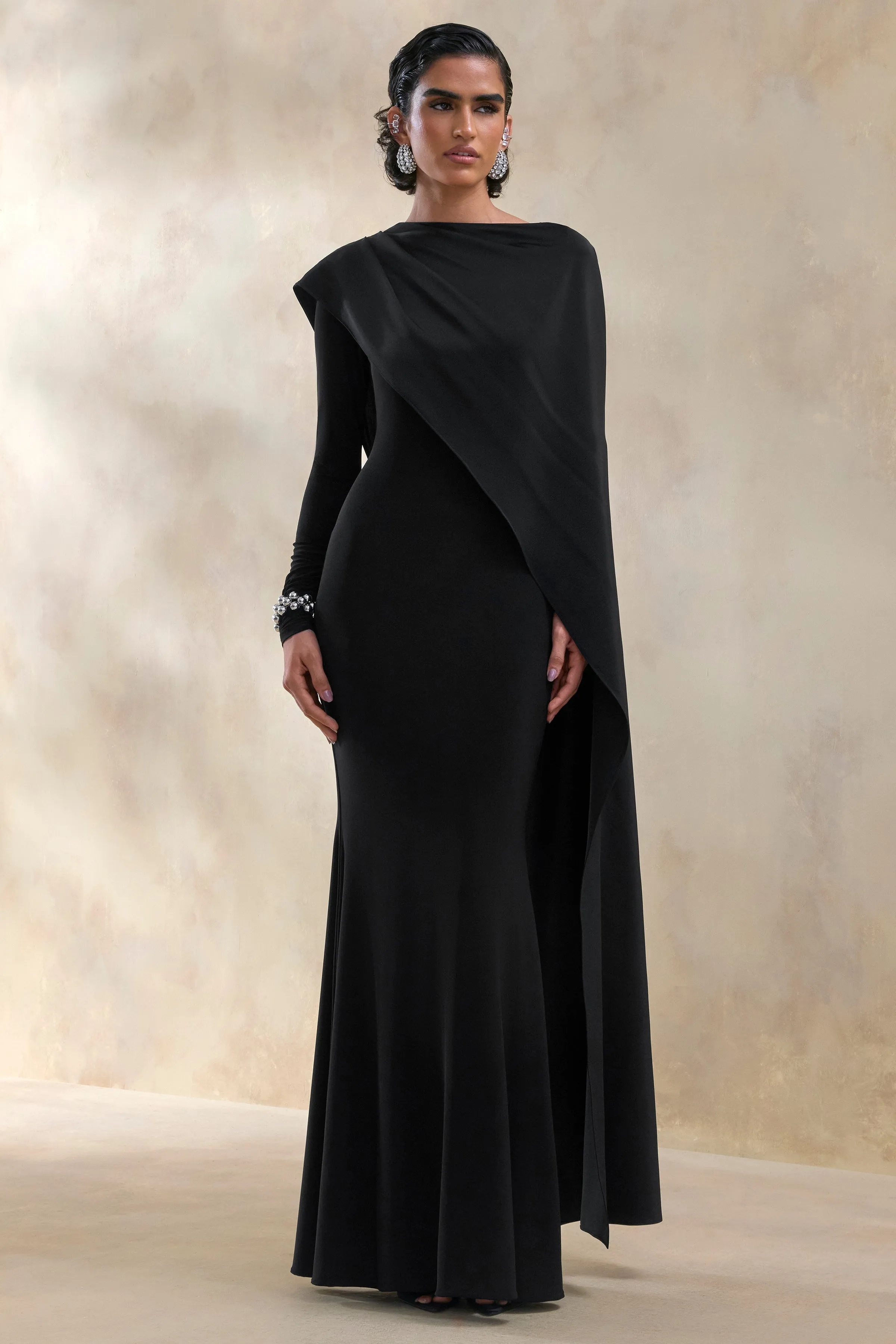 Salenne | Black Round-Neck Maxi Dress With Satin Asymmetric-Cape sold by Club L London product image thumbnail 5