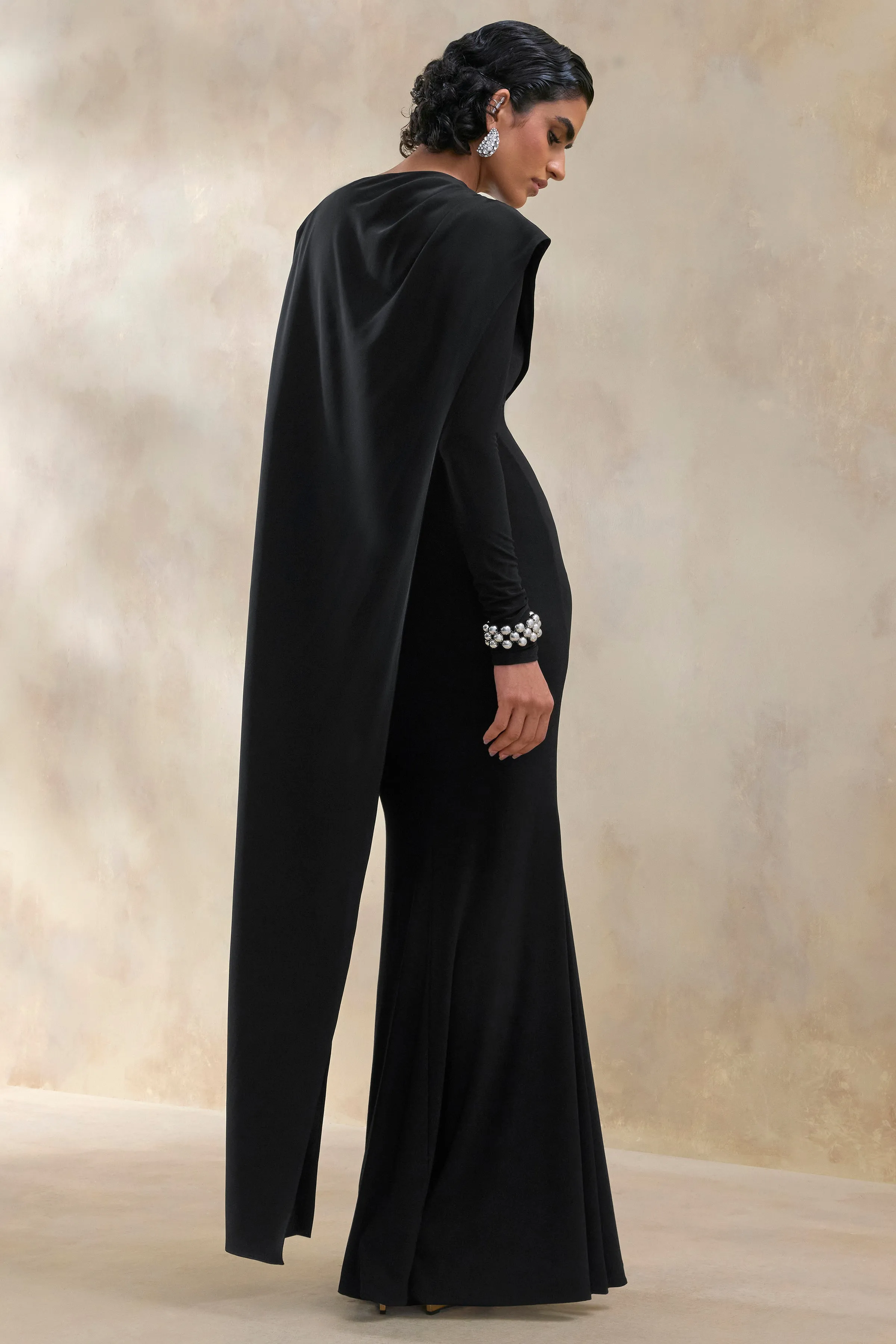 Salenne | Black Round-Neck Maxi Dress With Satin Asymmetric-Cape sold by Club L London product image thumbnail 2