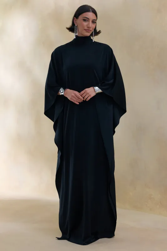 Lumisette | Black Satin High-Neck Maxi Dress With Cape made by Club L London