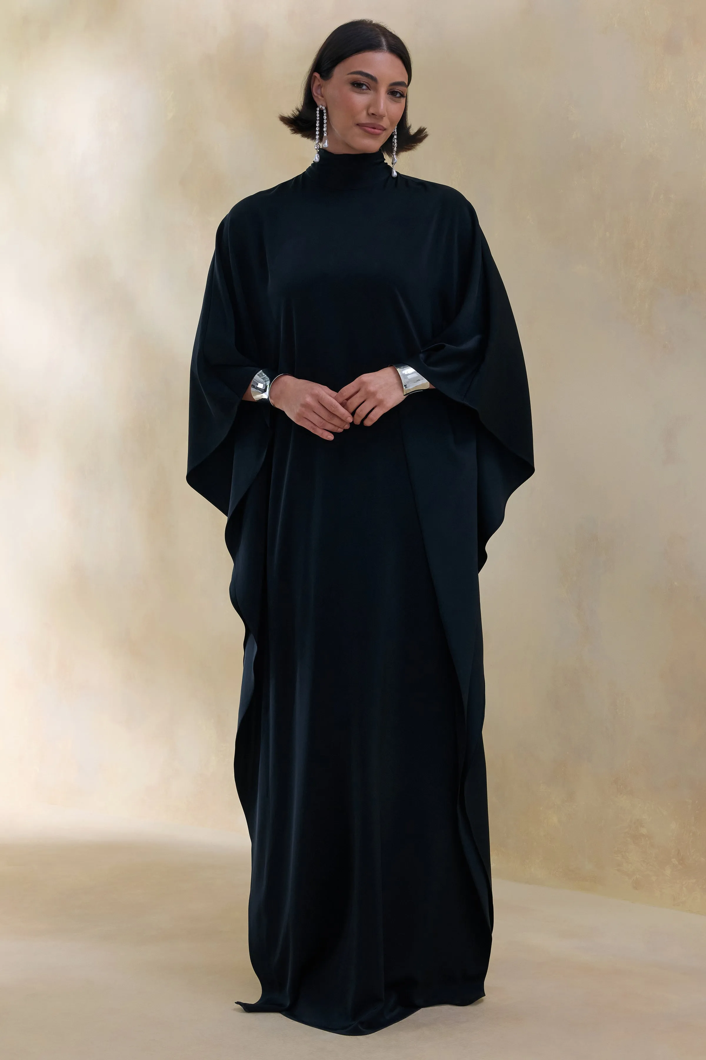 Lumisette | Black Satin High-Neck Maxi Dress With Cape sold by Club L London