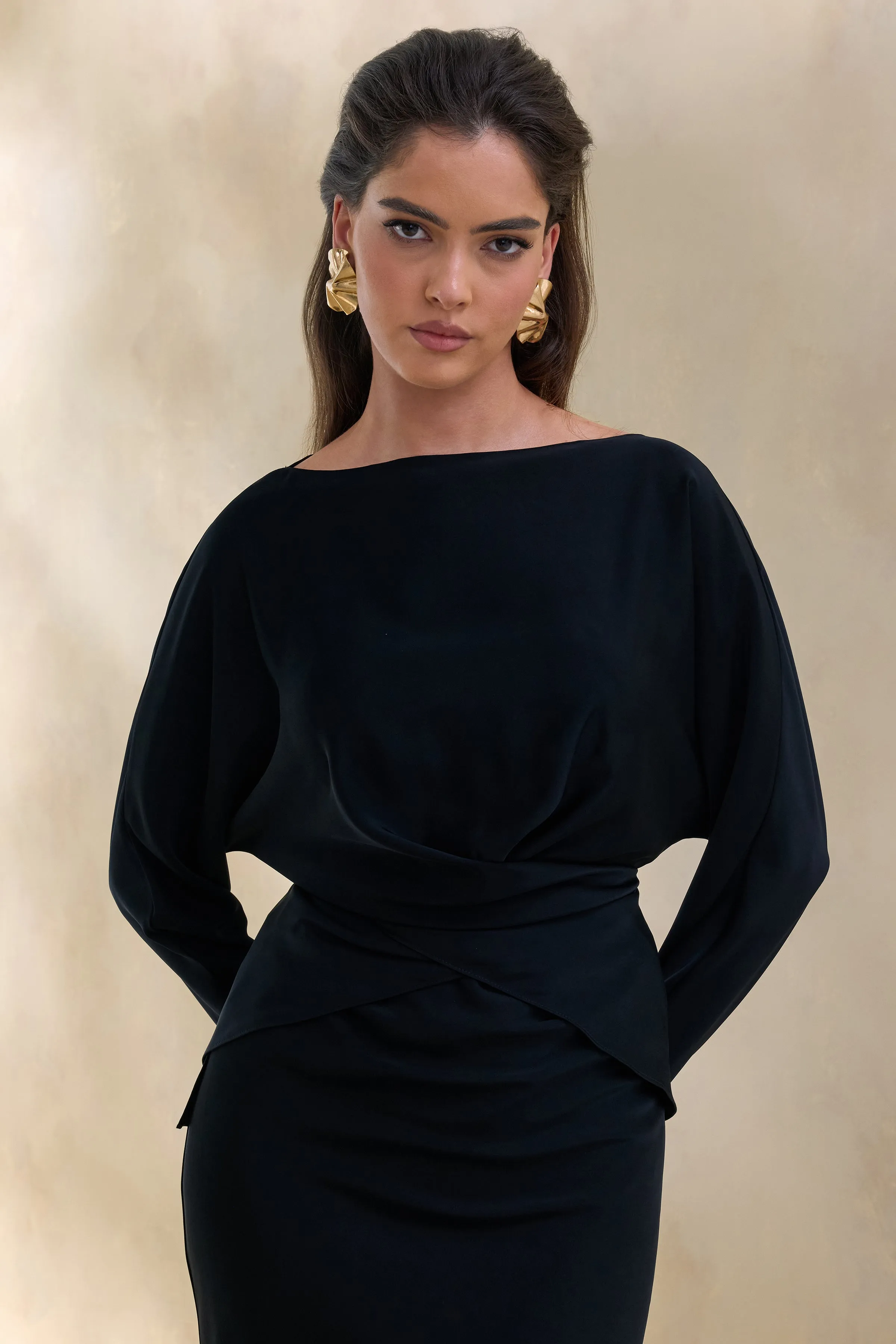 Miravia | Black Satin Wide-Neck Long-Sleeve Top sold by Club L London