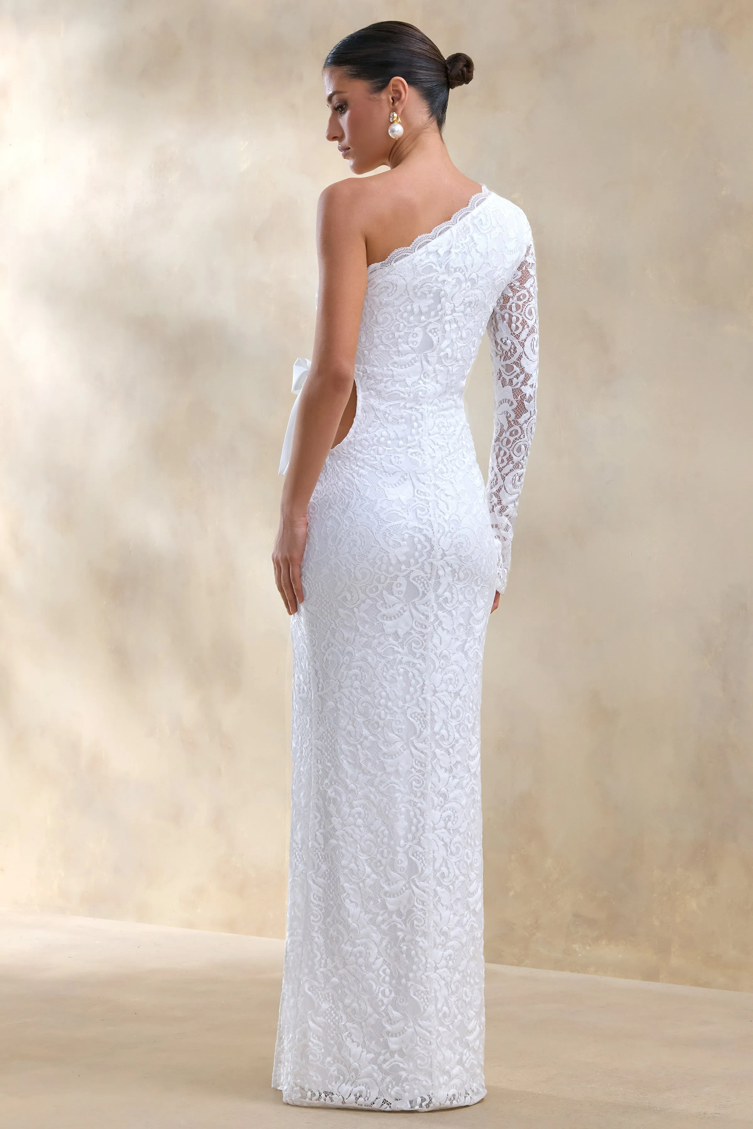 Norna | White Lace Asymmetric-Neck Maxi Dress With Cut-Out And Bow Details sold by Club L London product image thumbnail 2