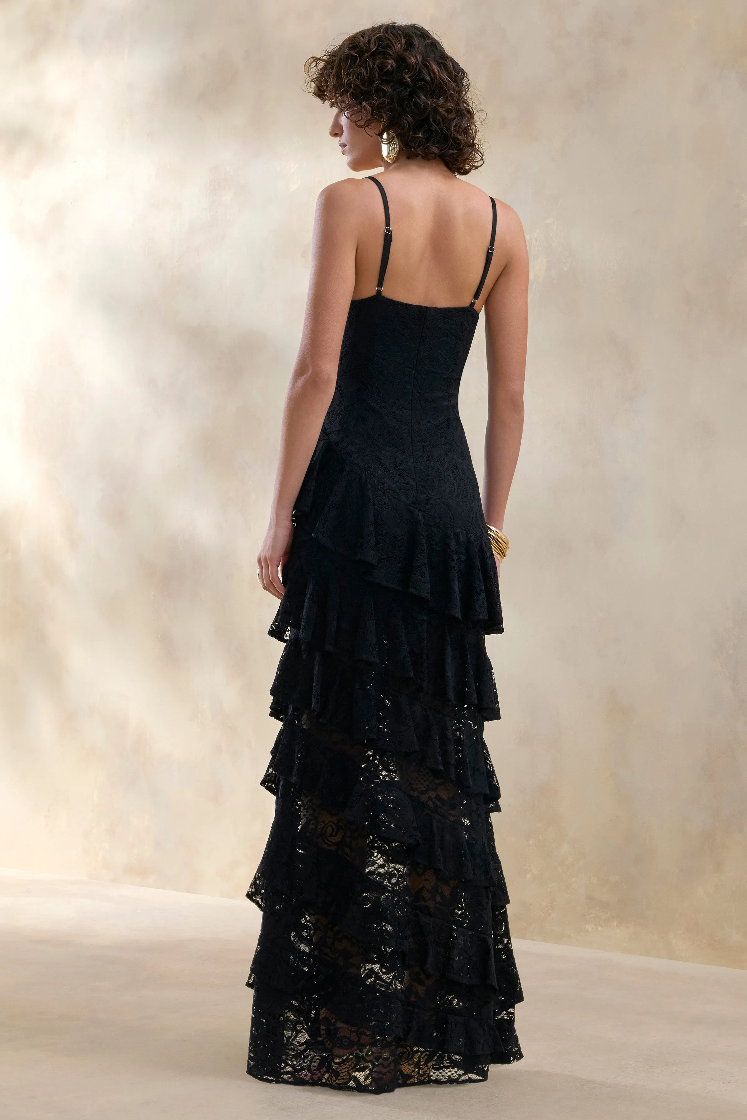 Avelisse | Black Lace Plunge-Neck Maxi Dress With Ruffled Detailing sold by Club L London product image thumbnail 2