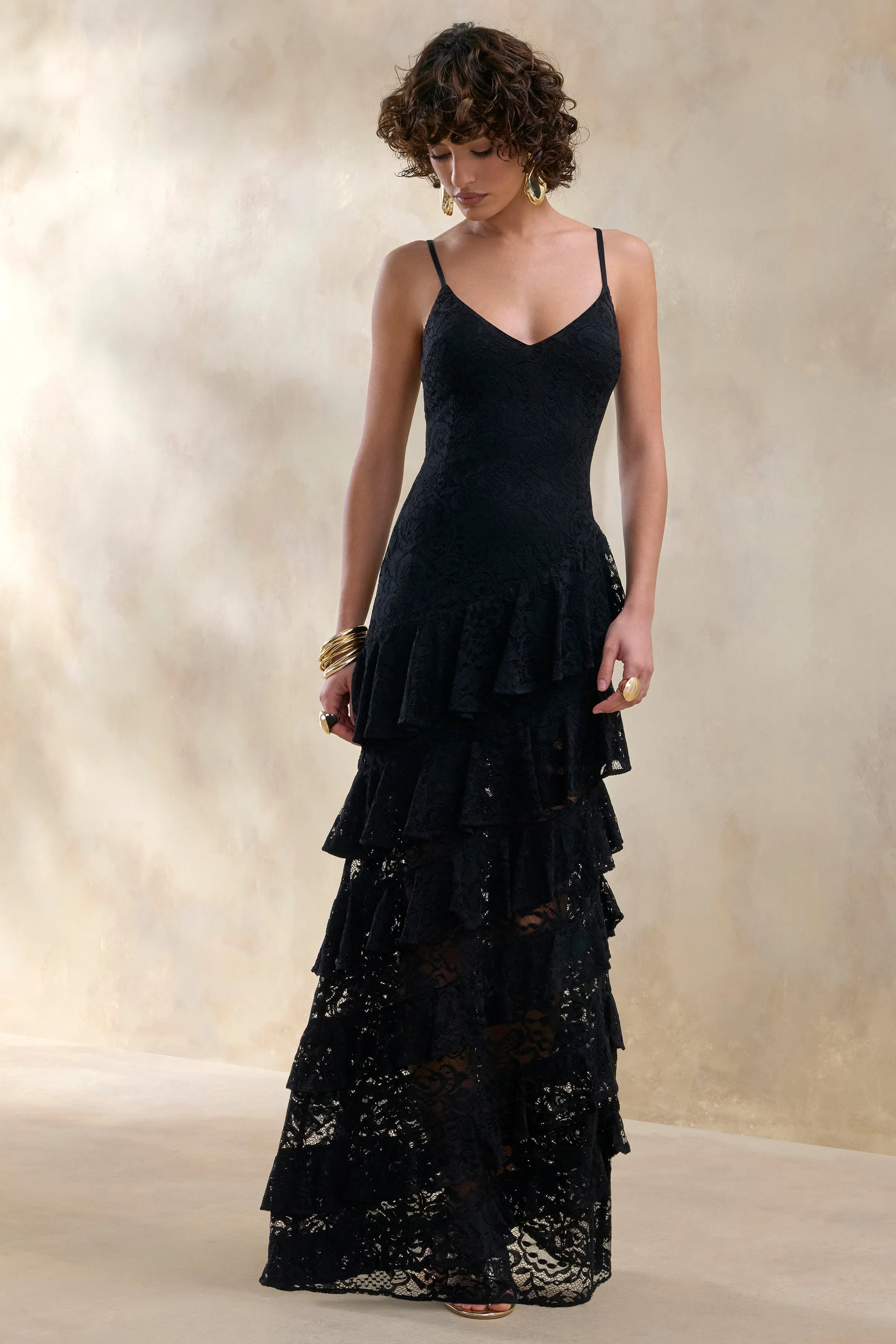 Avelisse | Black Lace Plunge-Neck Maxi Dress With Ruffled Detailing sold by Club L London product image thumbnail 4