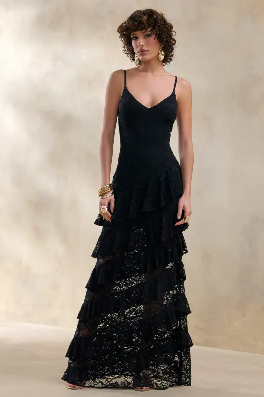 Avelisse | Black Lace Plunge-Neck Maxi Dress With Ruffled Detailing made by Club L London