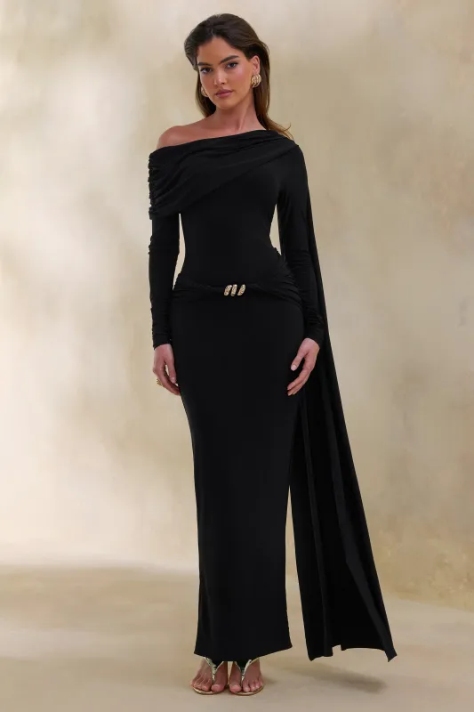 Bessy | Black Asymmetric-Neck Maxi Dress With Gathered-Detailing And Sash made by Club L London
