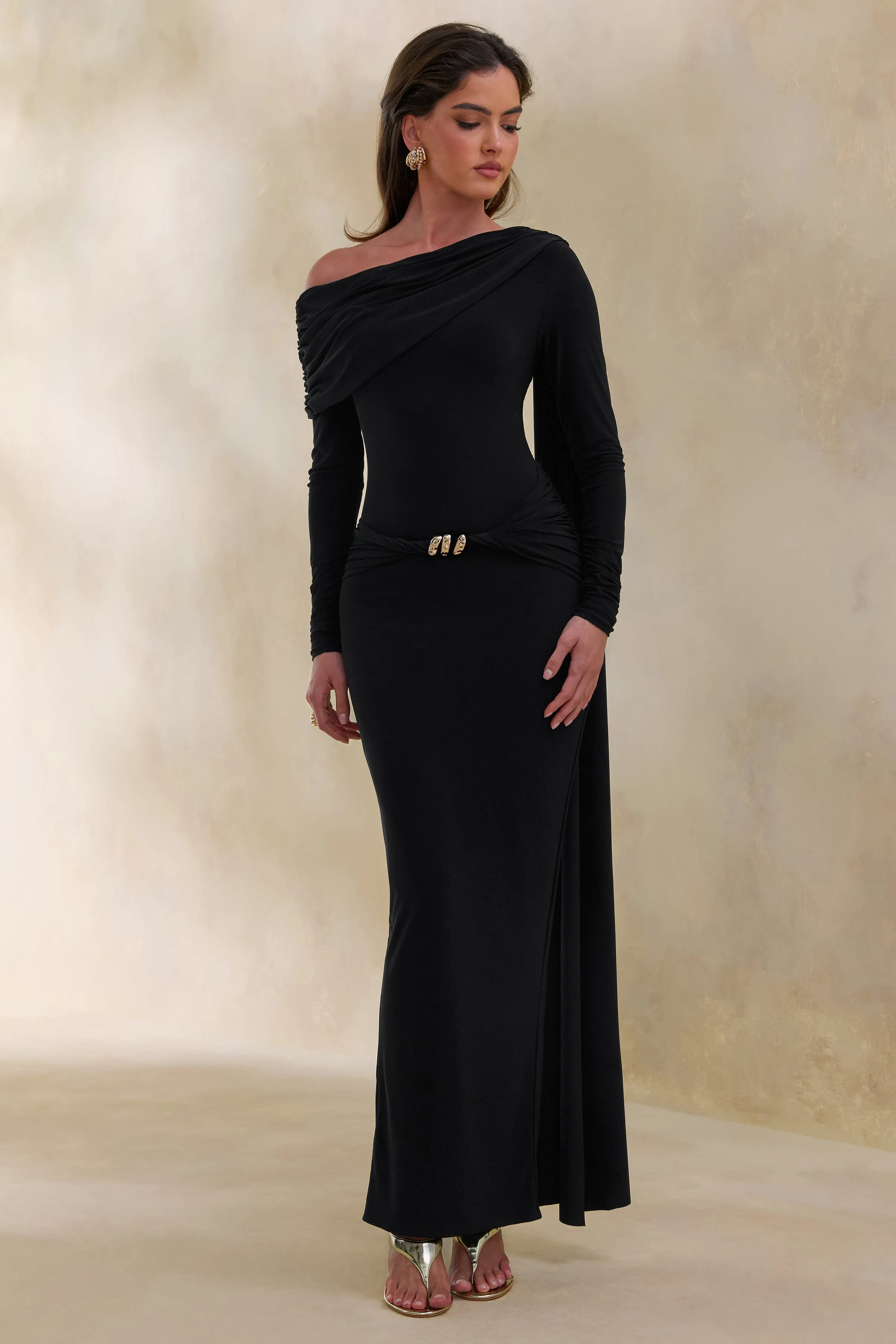 Bessy | Black Asymmetric-Neck Maxi Dress With Gathered-Detailing And Sash sold by Club L London product image thumbnail 5