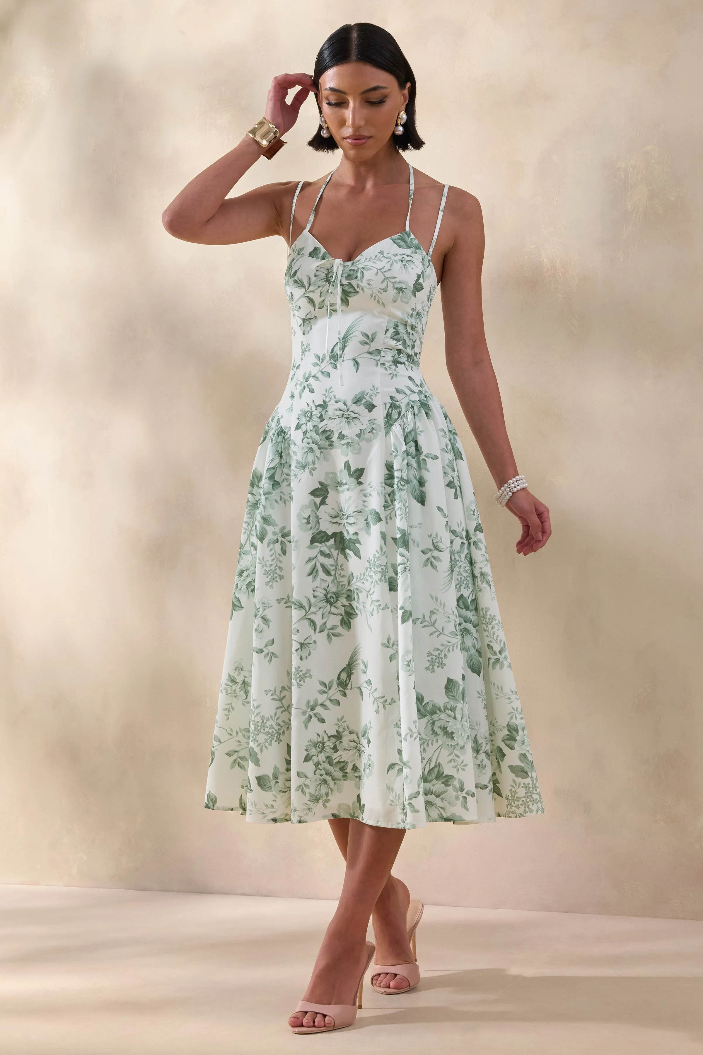 Audrey | Green Floral Print Sweetheart-Neck Midi Dress With Ruching Detail sold by Club L London product image thumbnail 5