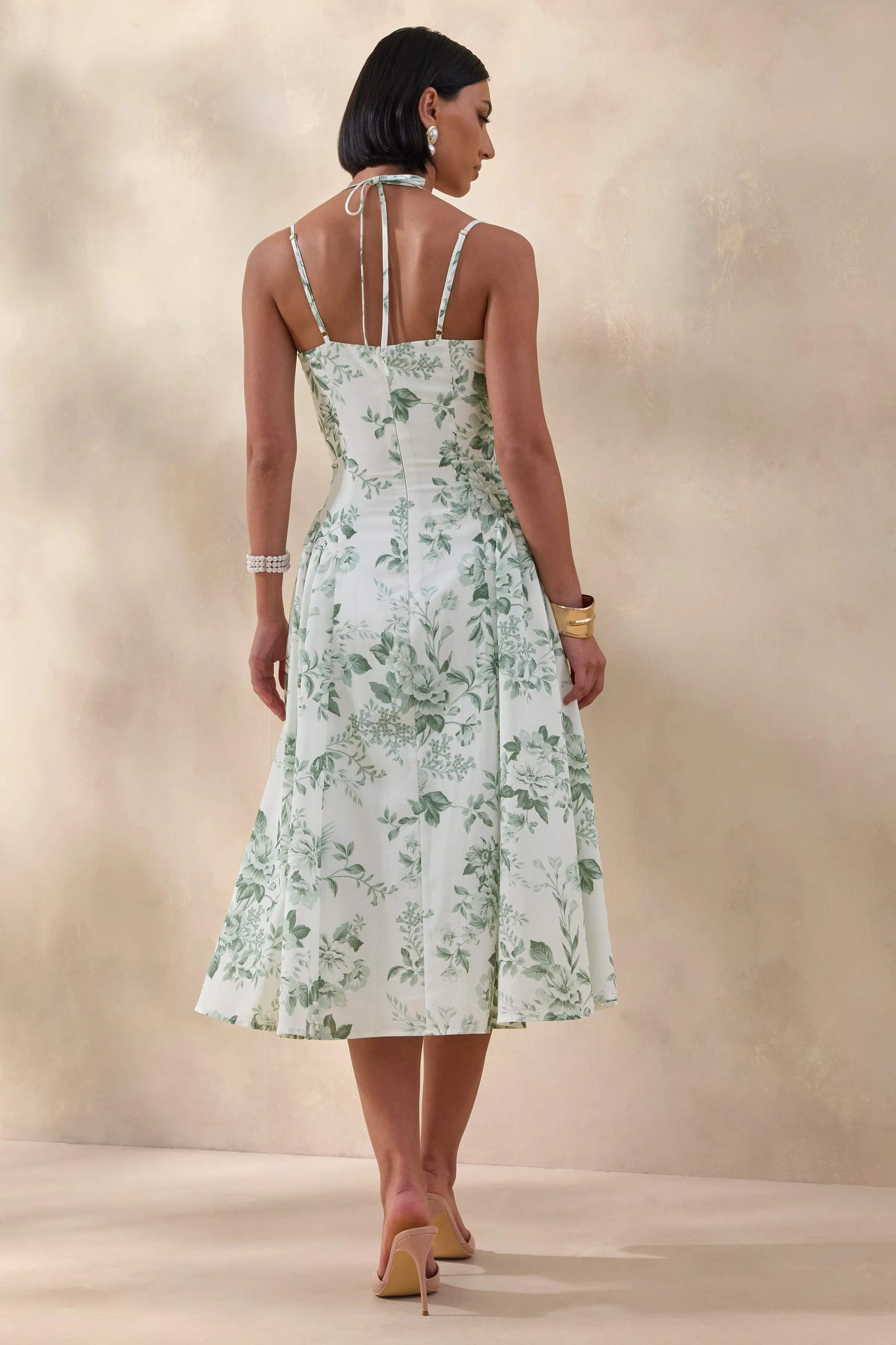Audrey | Green Floral Print Sweetheart-Neck Midi Dress With Ruching Detail sold by Club L London product image thumbnail 2