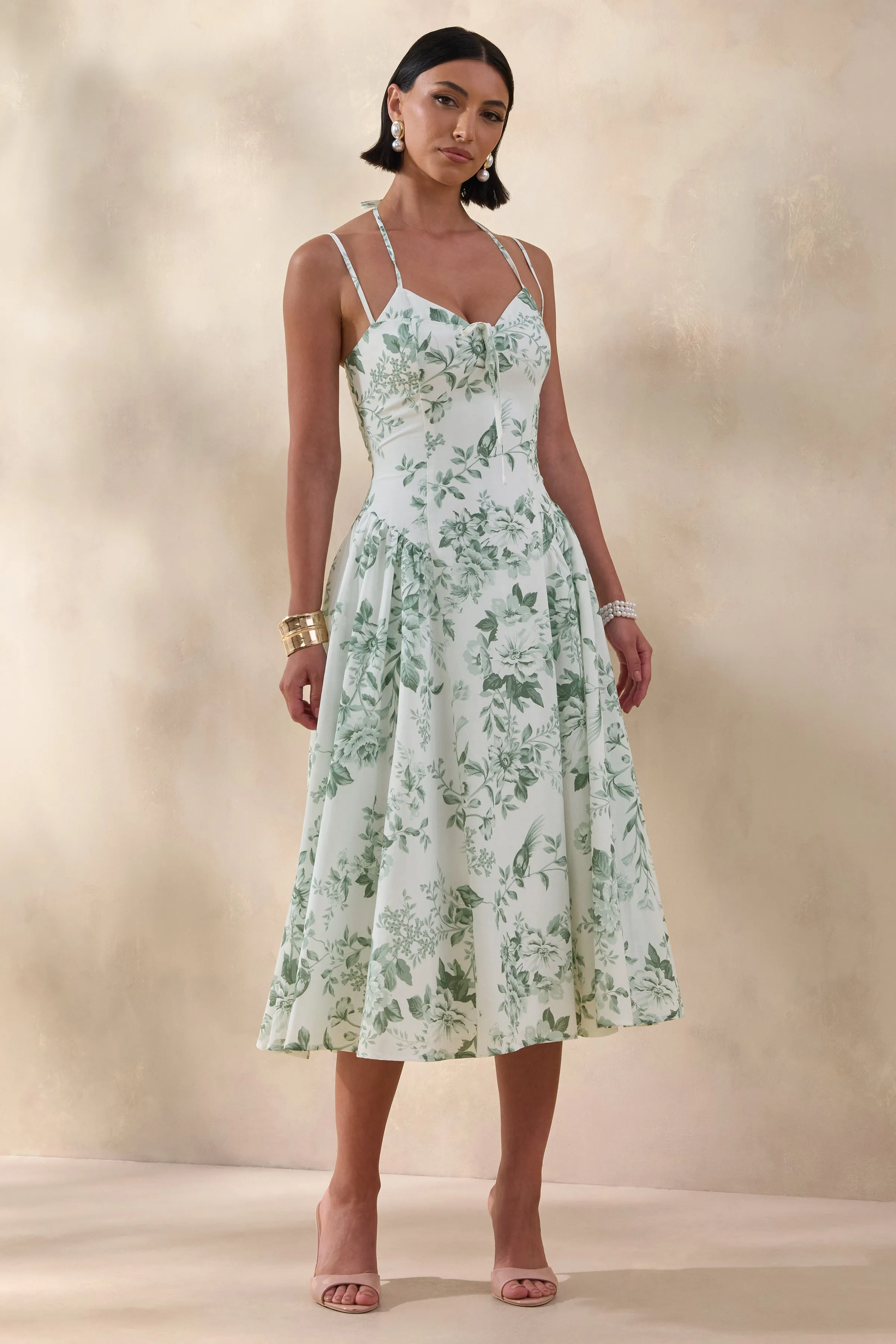 Audrey | Green Floral Print Sweetheart-Neck Midi Dress With Ruching Detail sold by Club L London product image thumbnail 4