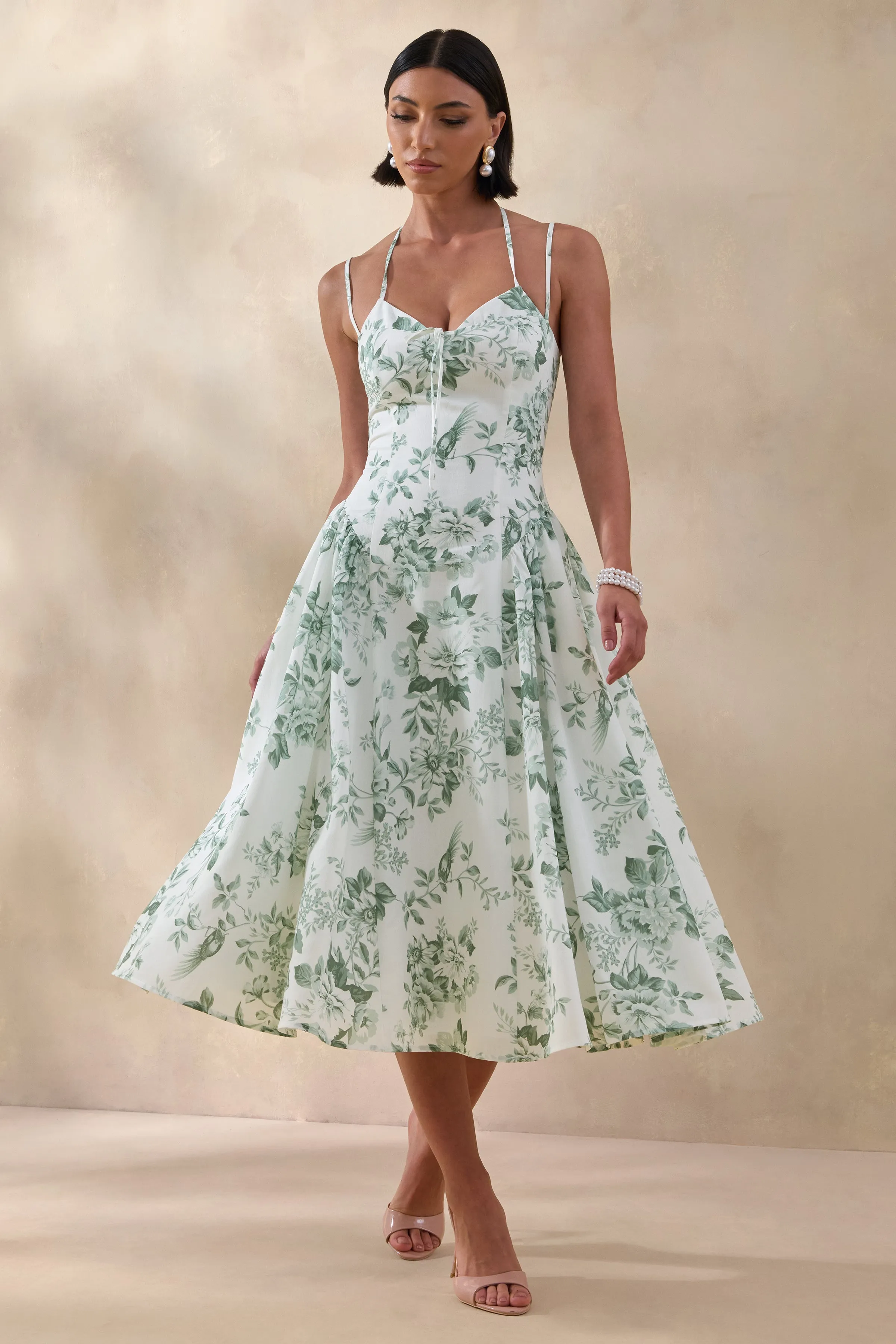 Audrey | Green Floral Print Sweetheart-Neck Midi Dress With Ruching Detail sold by Club L London