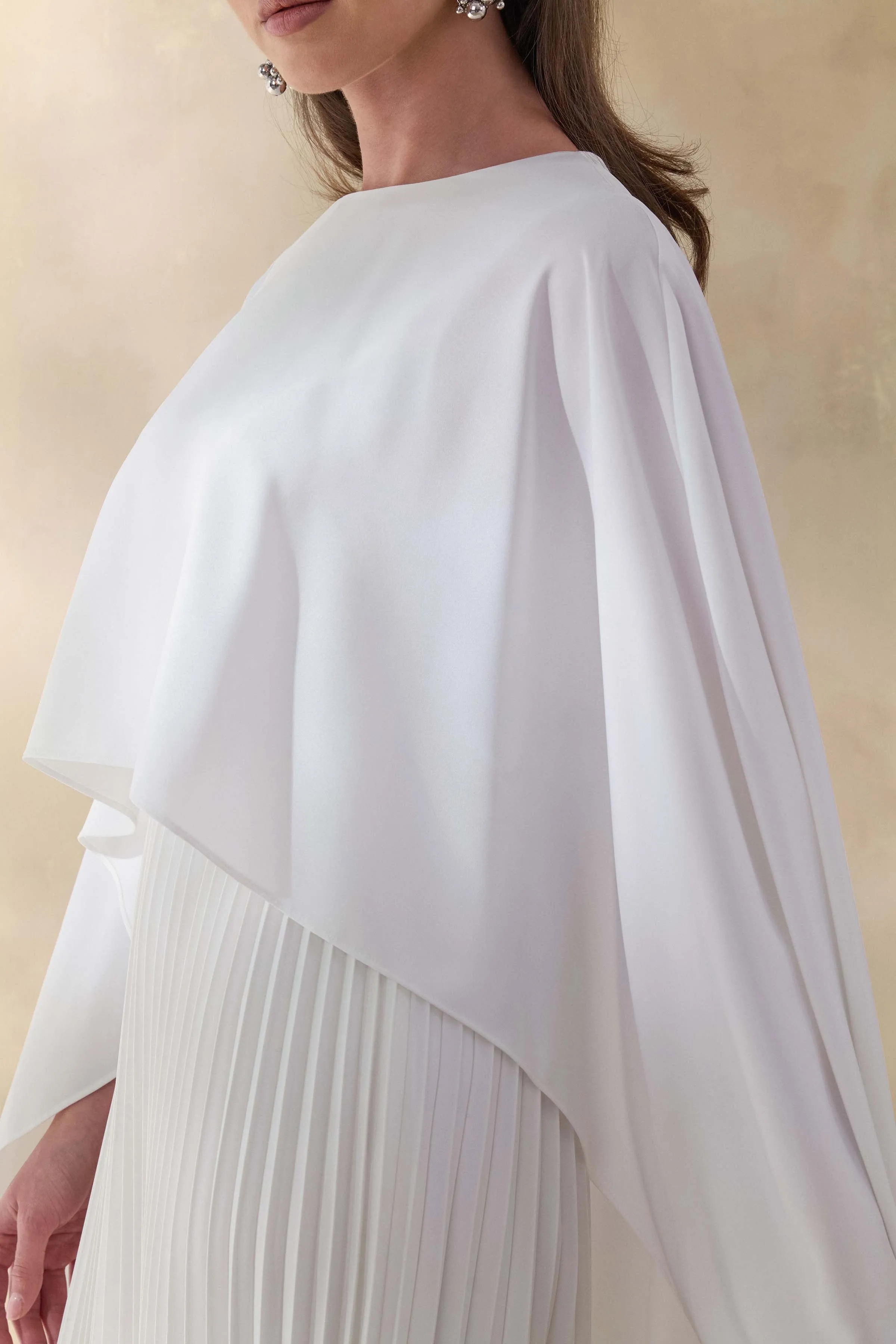 Loradia | Cream Satin Round-Neck Maxi Dress With Cape-Sleeves And Pleated-Skirt sold by Club L London product image thumbnail 3