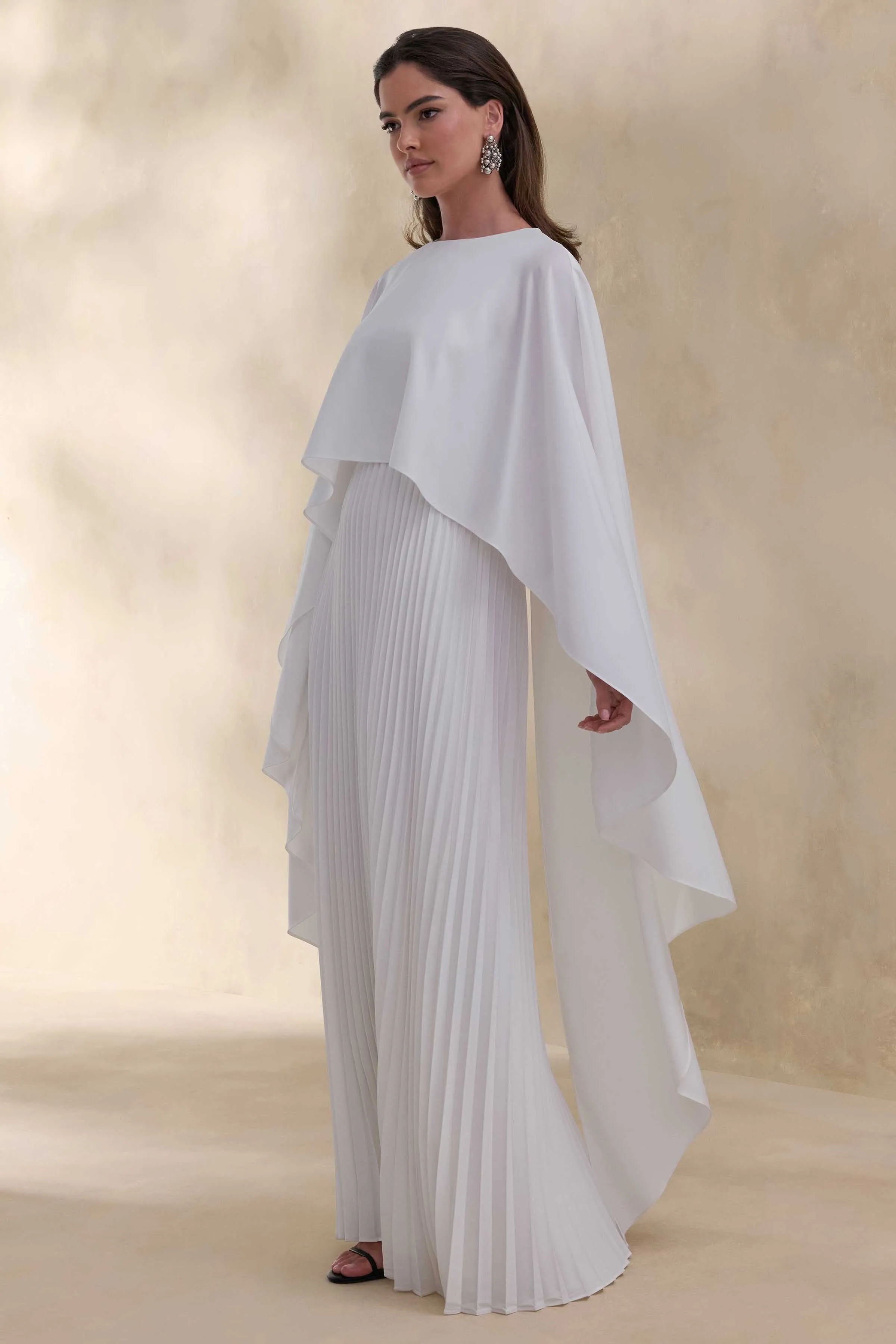 Loradia | Cream Satin Round-Neck Maxi Dress With Cape-Sleeves And Pleated-Skirt sold by Club L London product image thumbnail 4