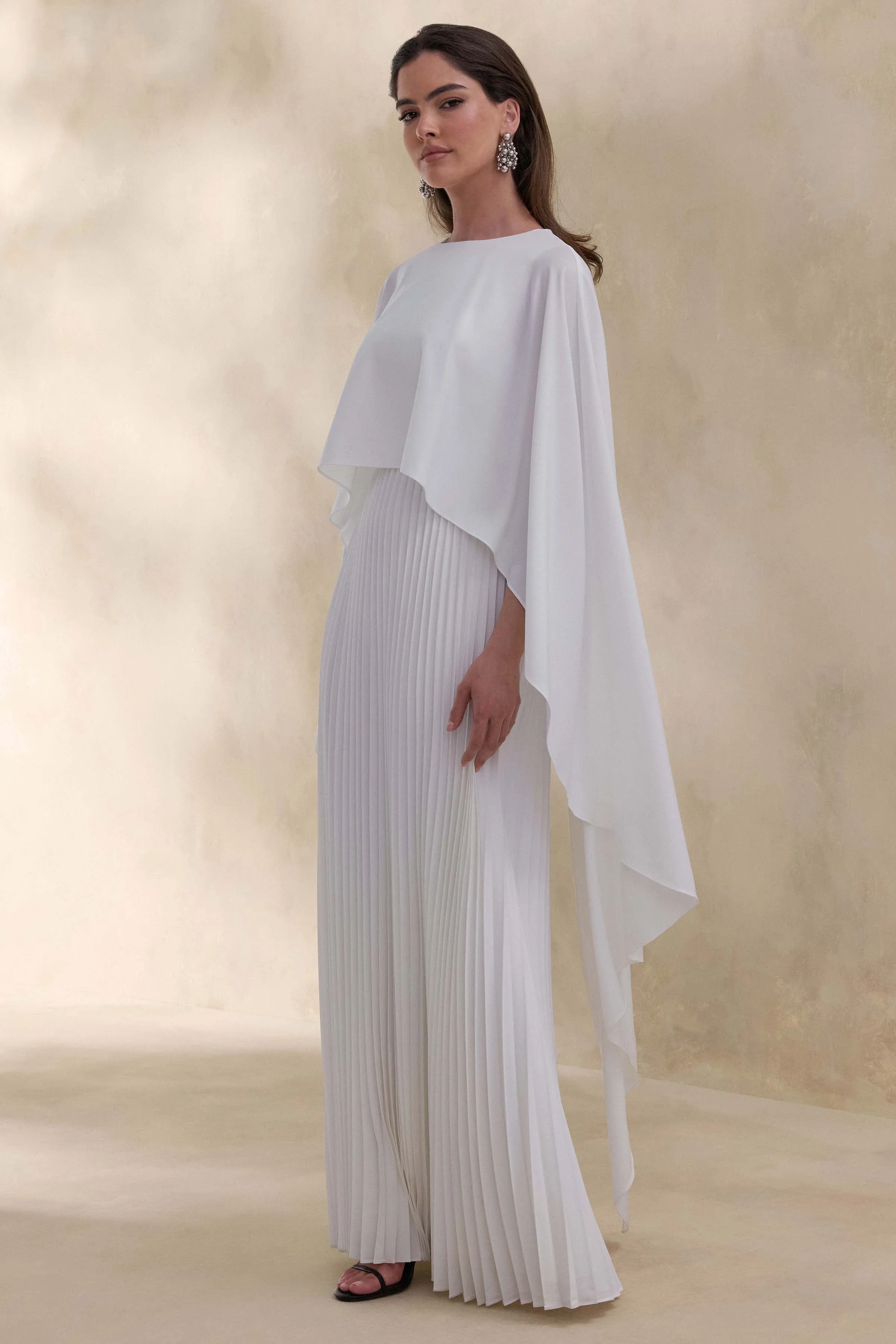 Loradia | Cream Satin Round-Neck Maxi Dress With Cape-Sleeves And Pleated-Skirt sold by Club L London product image thumbnail 5