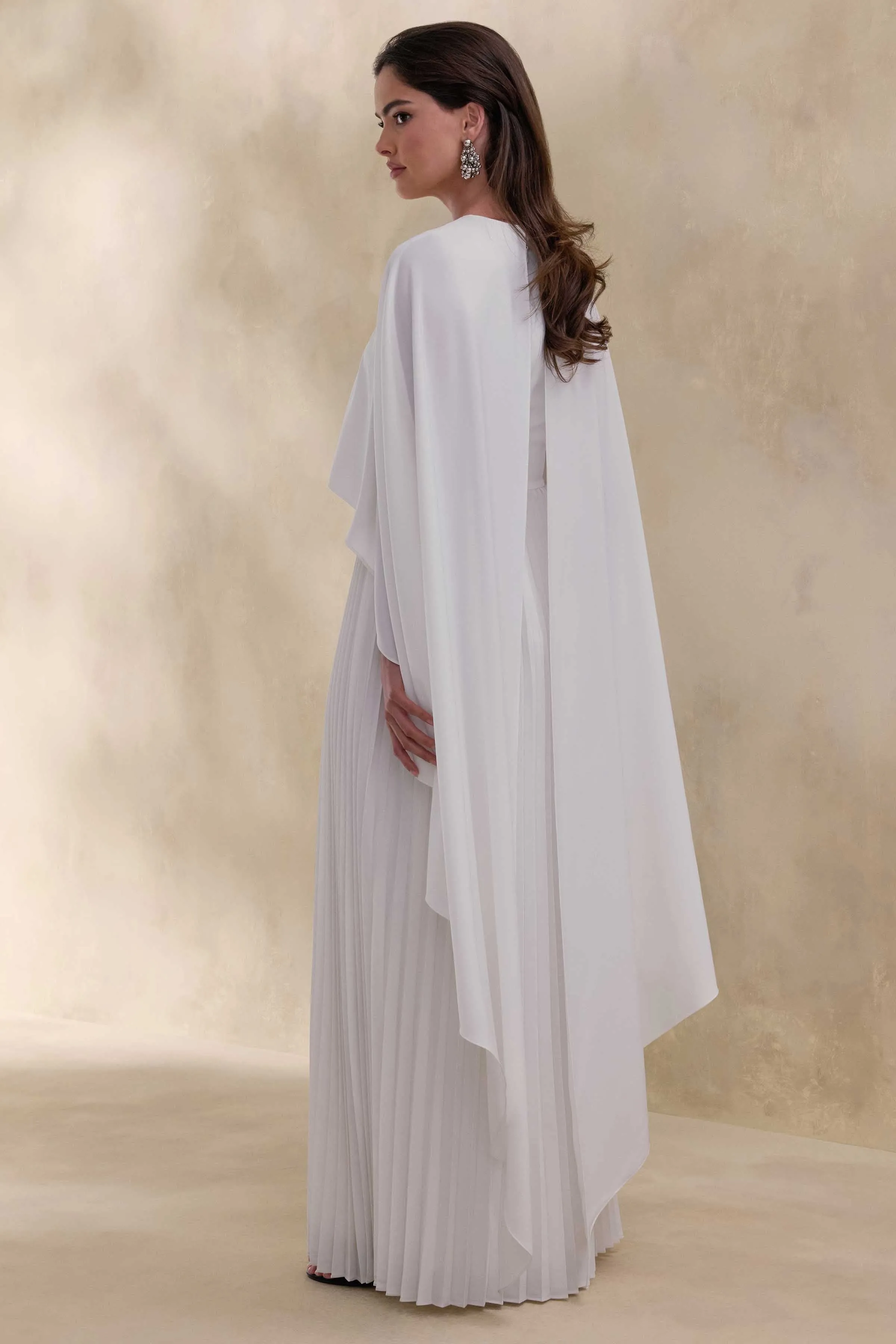 Loradia | Cream Satin Round-Neck Maxi Dress With Cape-Sleeves And Pleated-Skirt sold by Club L London product image thumbnail 2