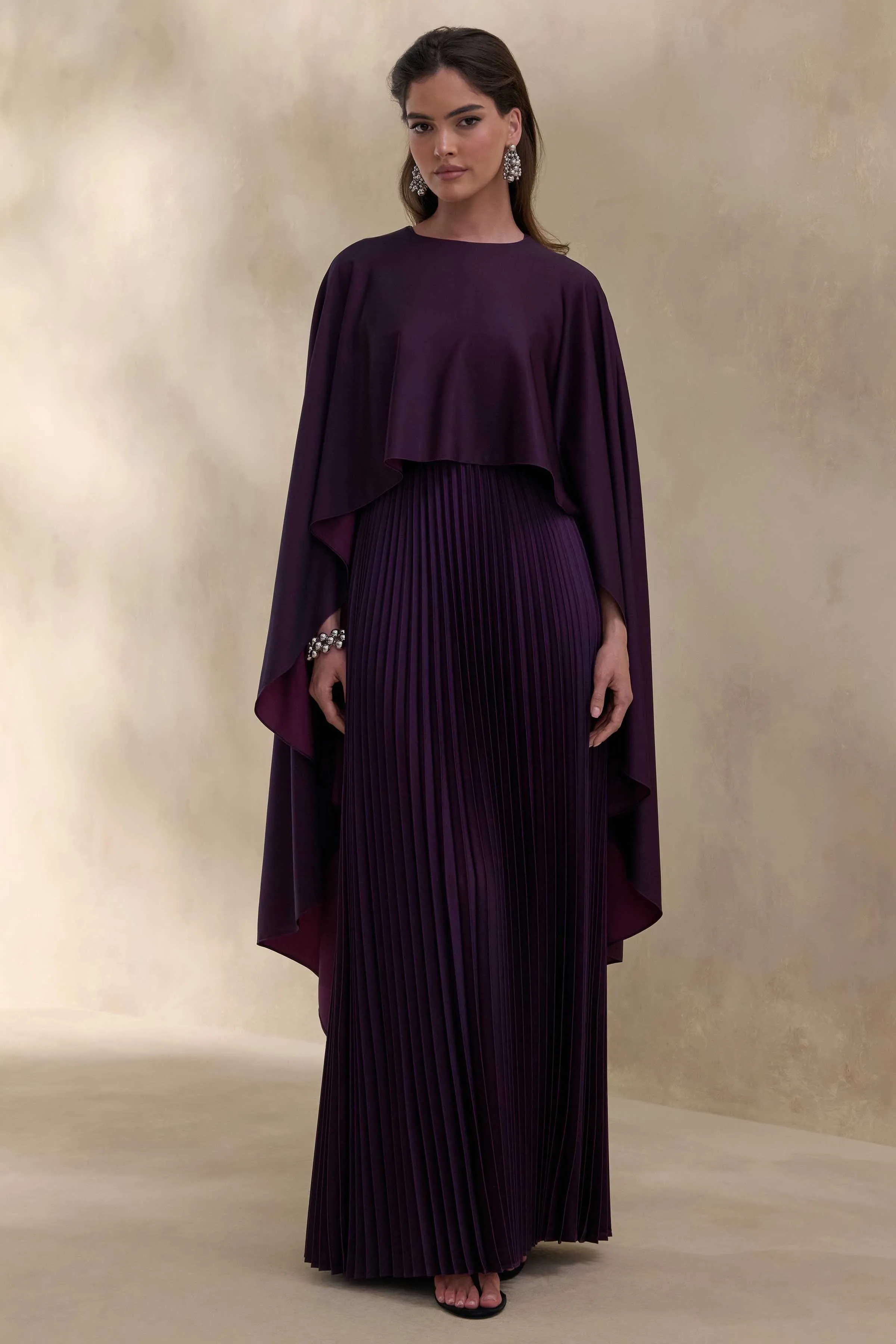 Loradia | Dark Plum Satin Round-Neck Maxi Dress With Cape-Sleeves And Pleated-Skirt sold by Club L London product image thumbnail 4