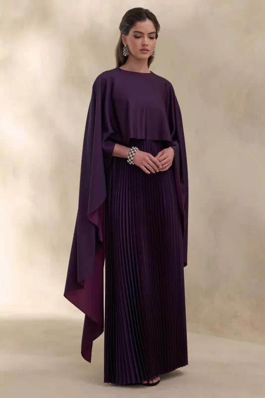 Loradia | Dark Plum Satin Round-Neck Maxi Dress With Cape-Sleeves And Pleated-Skirt made by Club L London