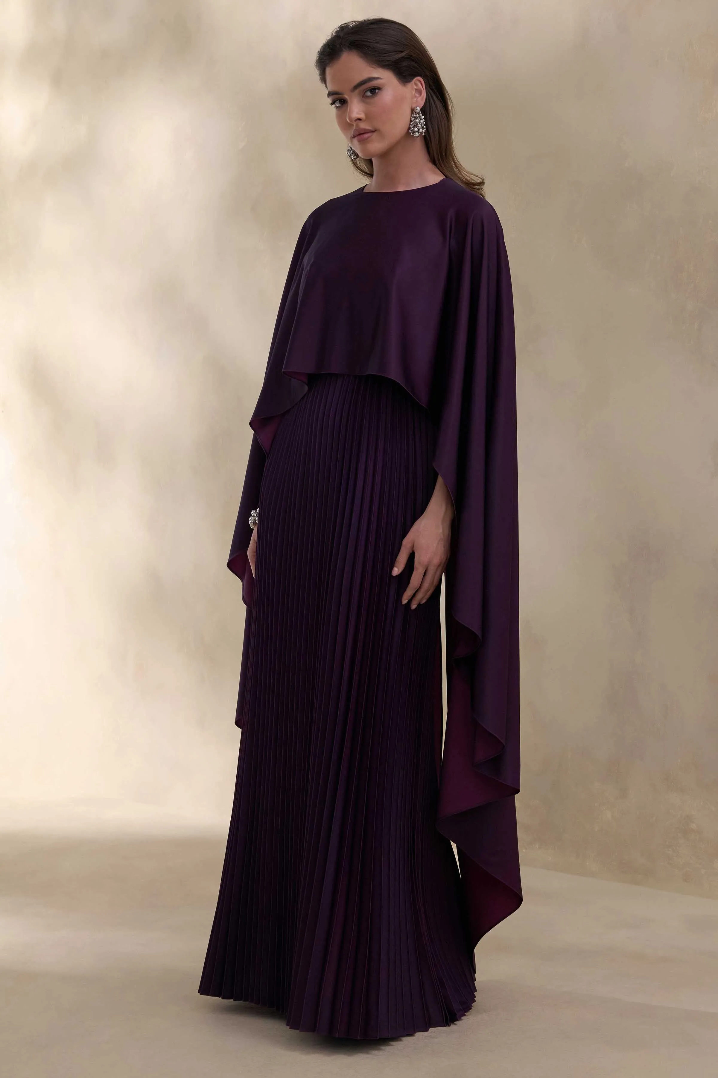 Loradia | Dark Plum Satin Round-Neck Maxi Dress With Cape-Sleeves And Pleated-Skirt sold by Club L London product image thumbnail 5