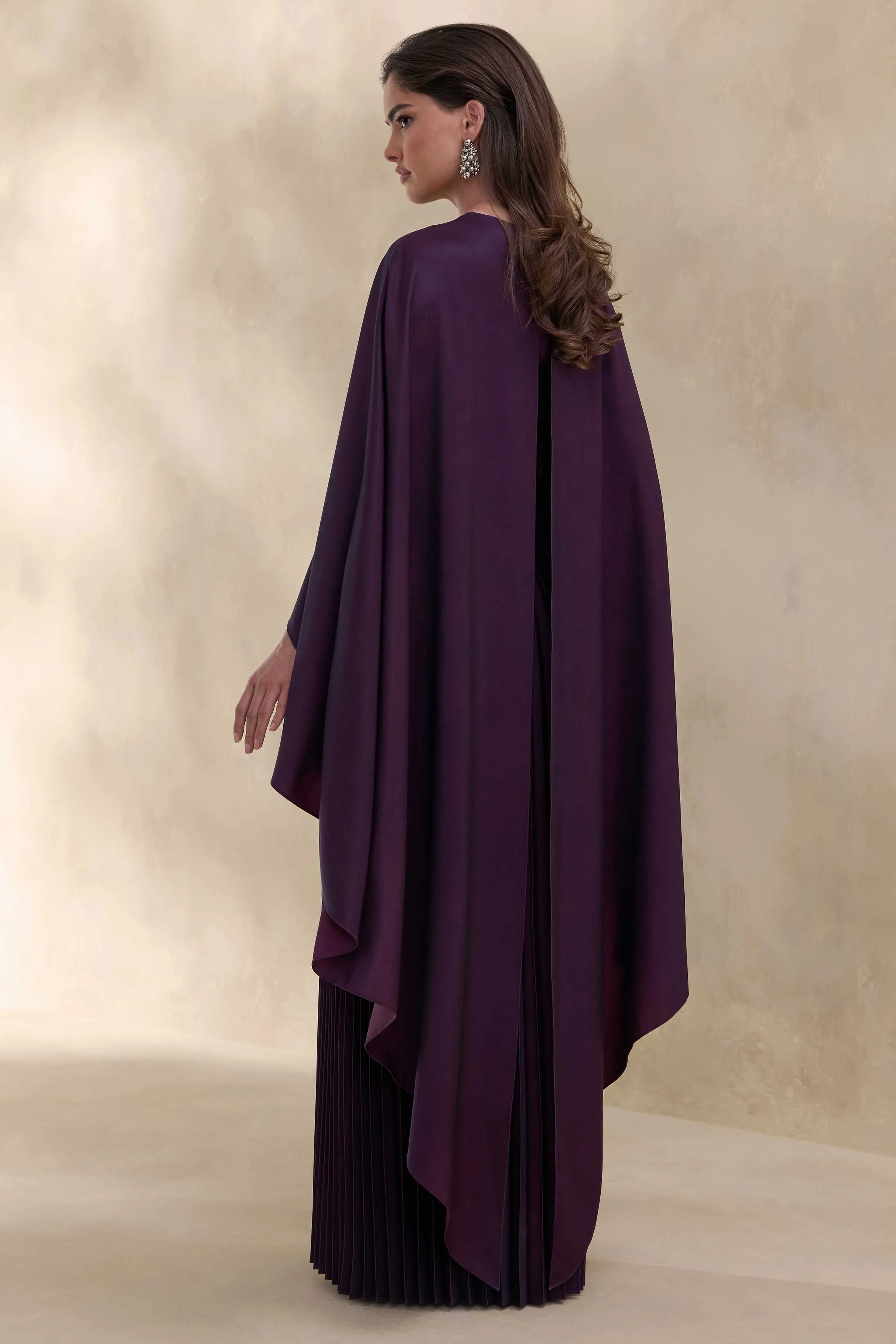 Loradia | Dark Plum Satin Round-Neck Maxi Dress With Cape-Sleeves And Pleated-Skirt sold by Club L London product image thumbnail 2