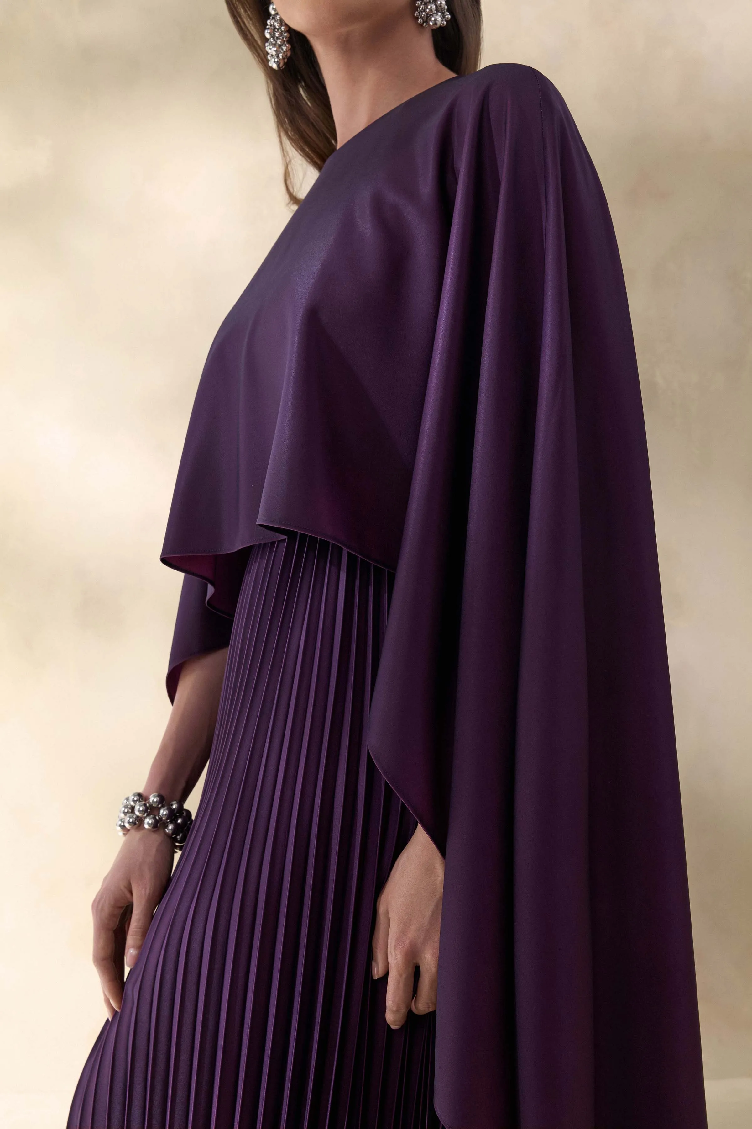 Loradia | Dark Plum Satin Round-Neck Maxi Dress With Cape-Sleeves And Pleated-Skirt sold by Club L London product image thumbnail 3