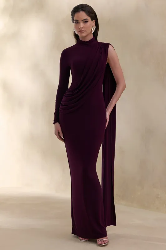 Oliria | Dark Plum High-Neck Maxi Dress With One-Long Sleeve And Sash-Detail made by Club L London