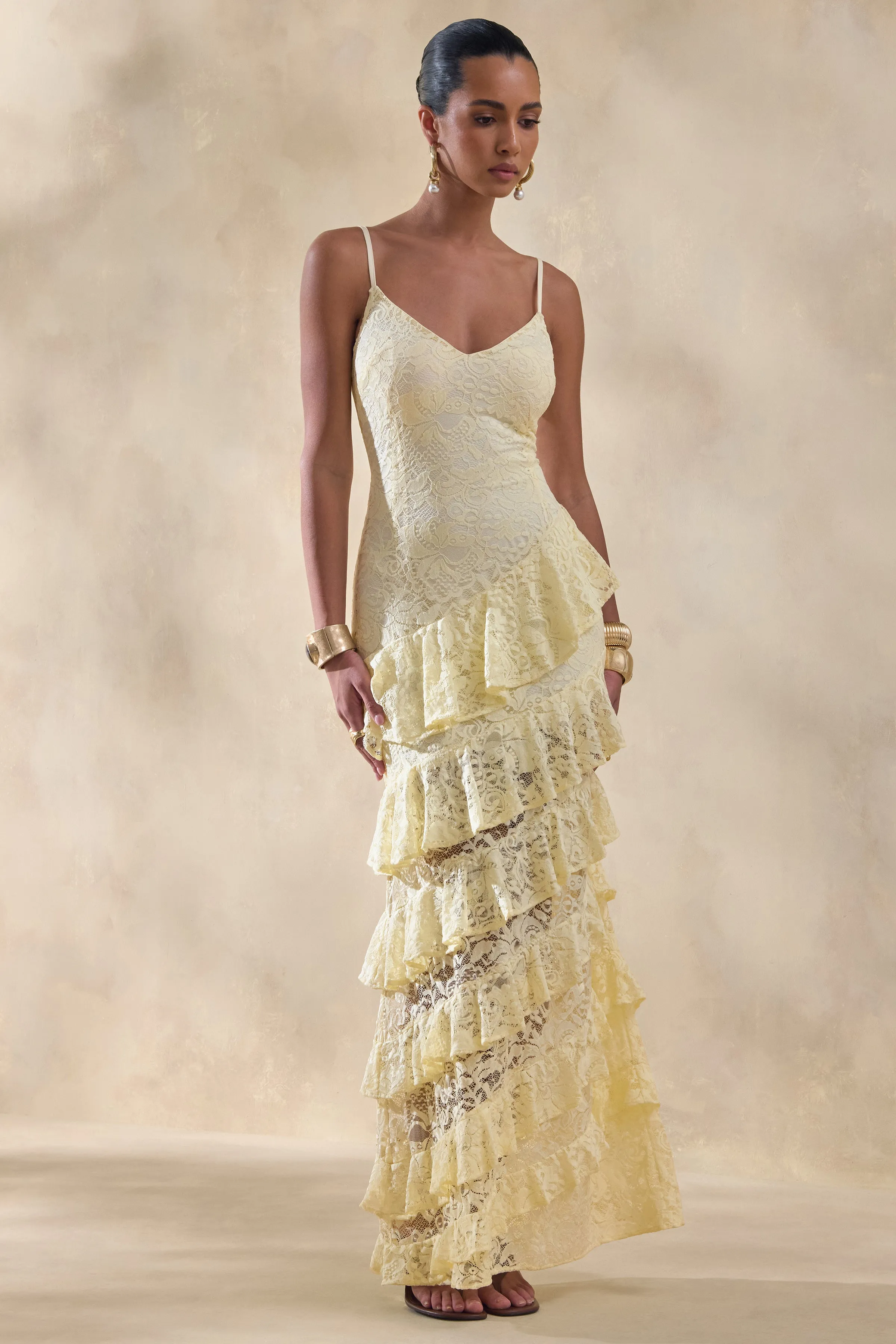Avelisse | Lemon Lace Plunge-Neck Maxi Dress With Ruffled Detailing sold by Club L London product image thumbnail 5