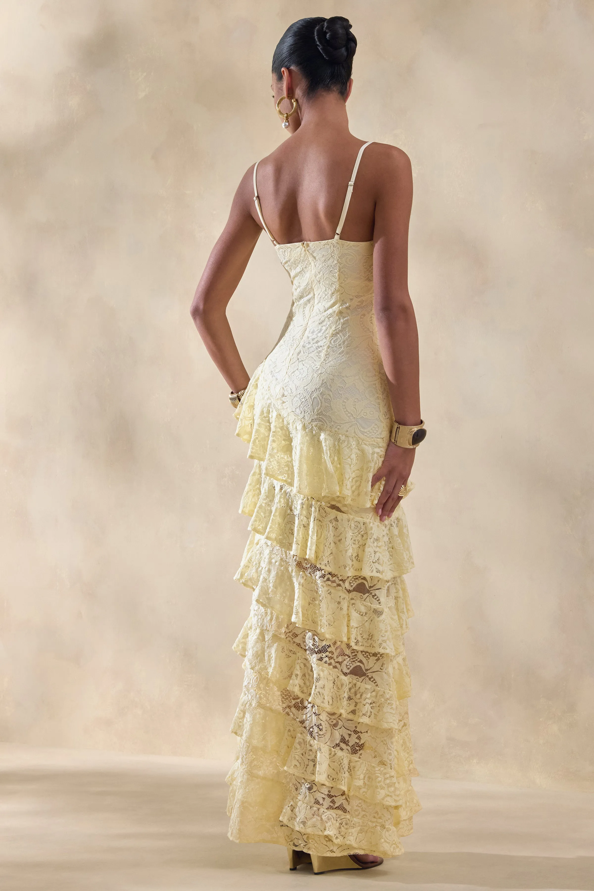 Avelisse | Lemon Lace Plunge-Neck Maxi Dress With Ruffled Detailing sold by Club L London product image thumbnail 2