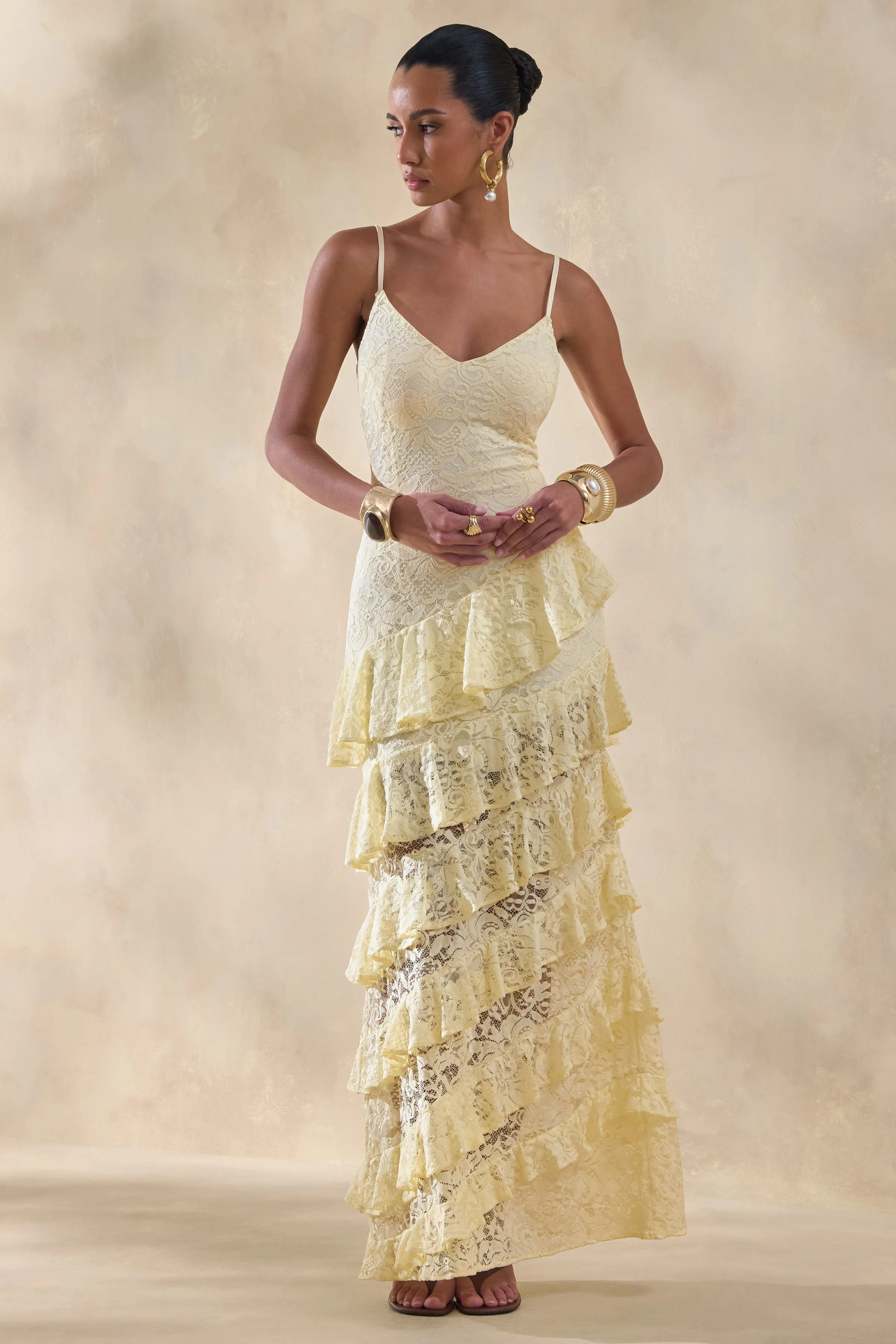 Avelisse | Lemon Lace Plunge-Neck Maxi Dress With Ruffled Detailing sold by Club L London product image thumbnail 4