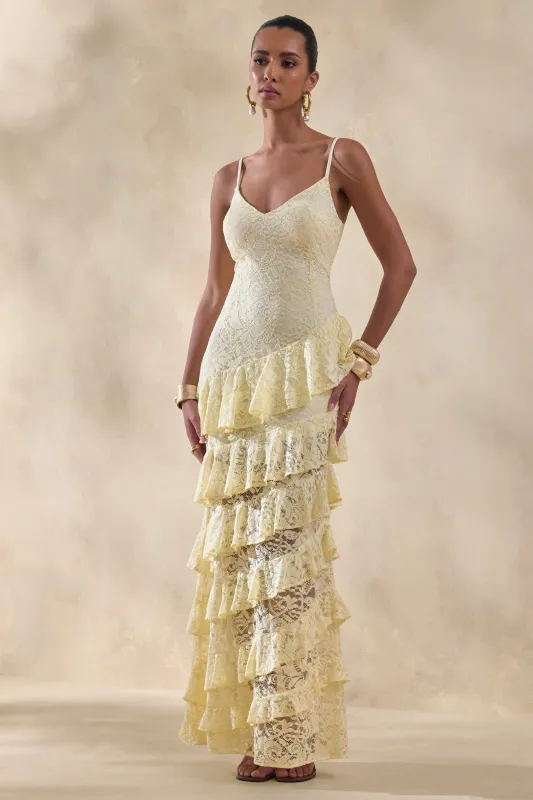 Avelisse | Lemon Lace Plunge-Neck Maxi Dress With Ruffled Detailing made by Club L London