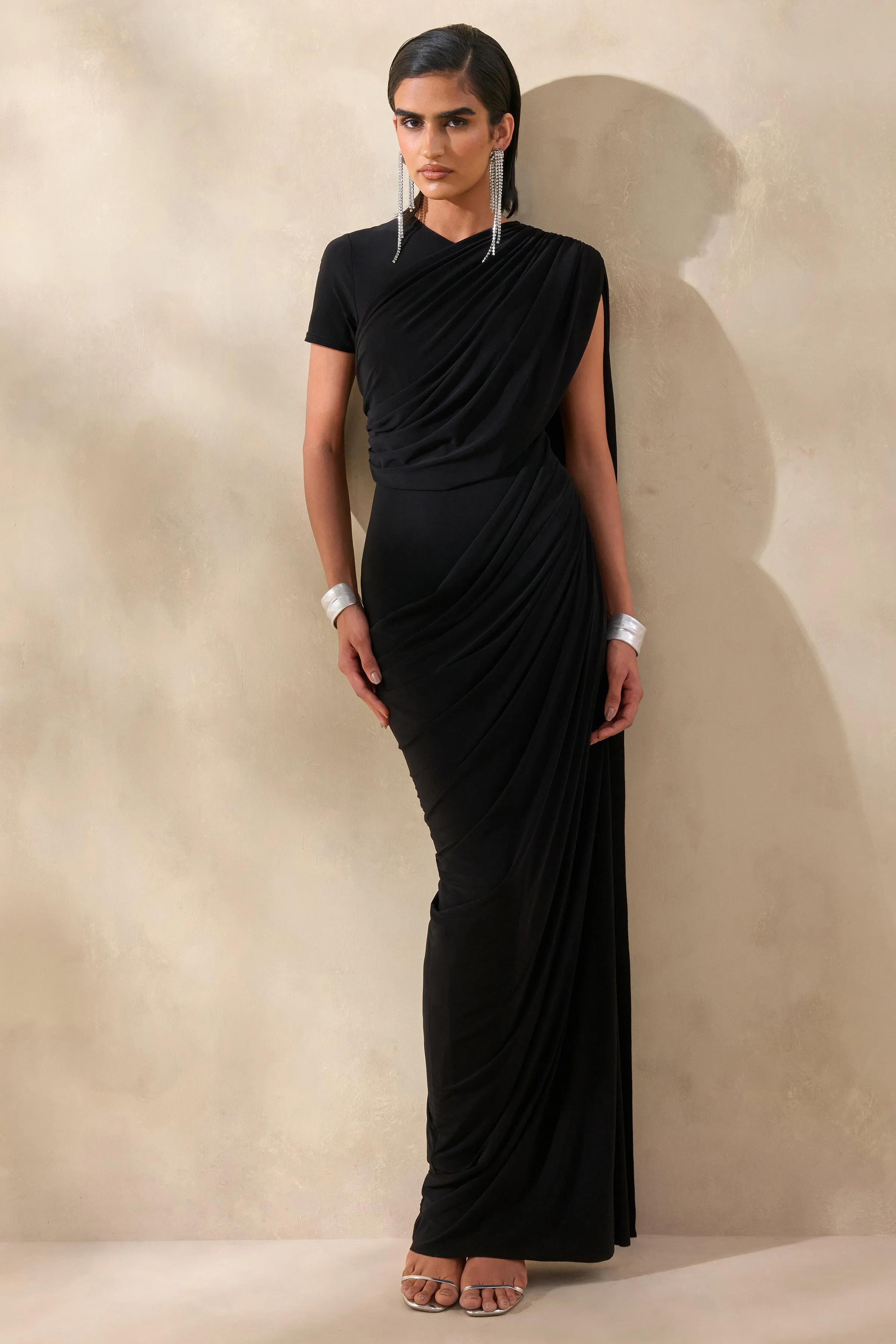 Gisara | Black High-Neck Maxi Dress With Sash And Draped-Detailing sold by Club L London product image thumbnail 4