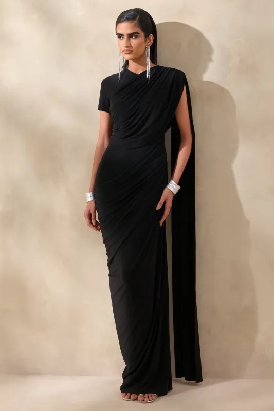 Gisara | Black High-Neck Maxi Dress With Sash And Draped-Detailing made by Club L London