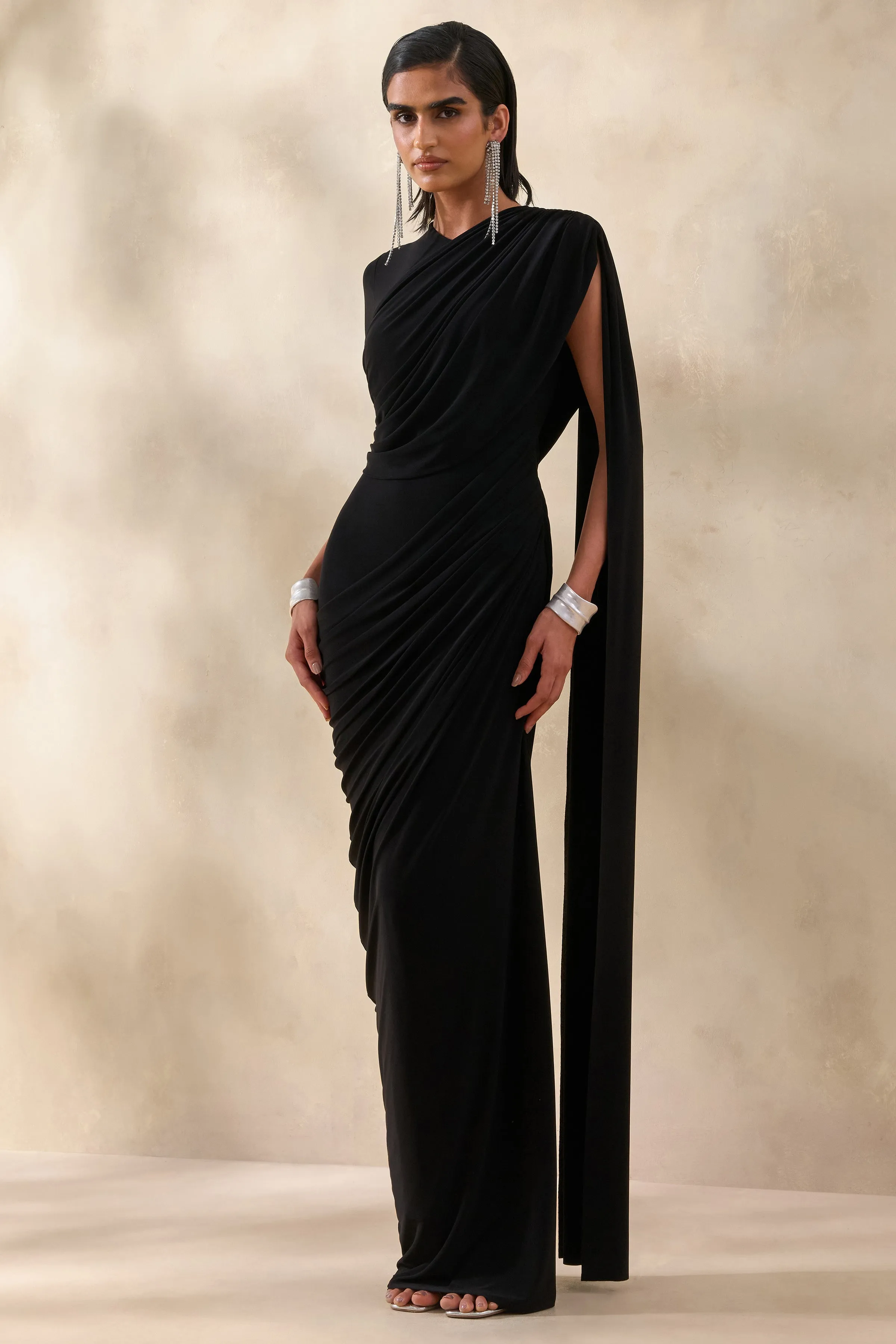 Gisara | Black High-Neck Maxi Dress With Sash And Draped-Detailing sold by Club L London product image thumbnail 5