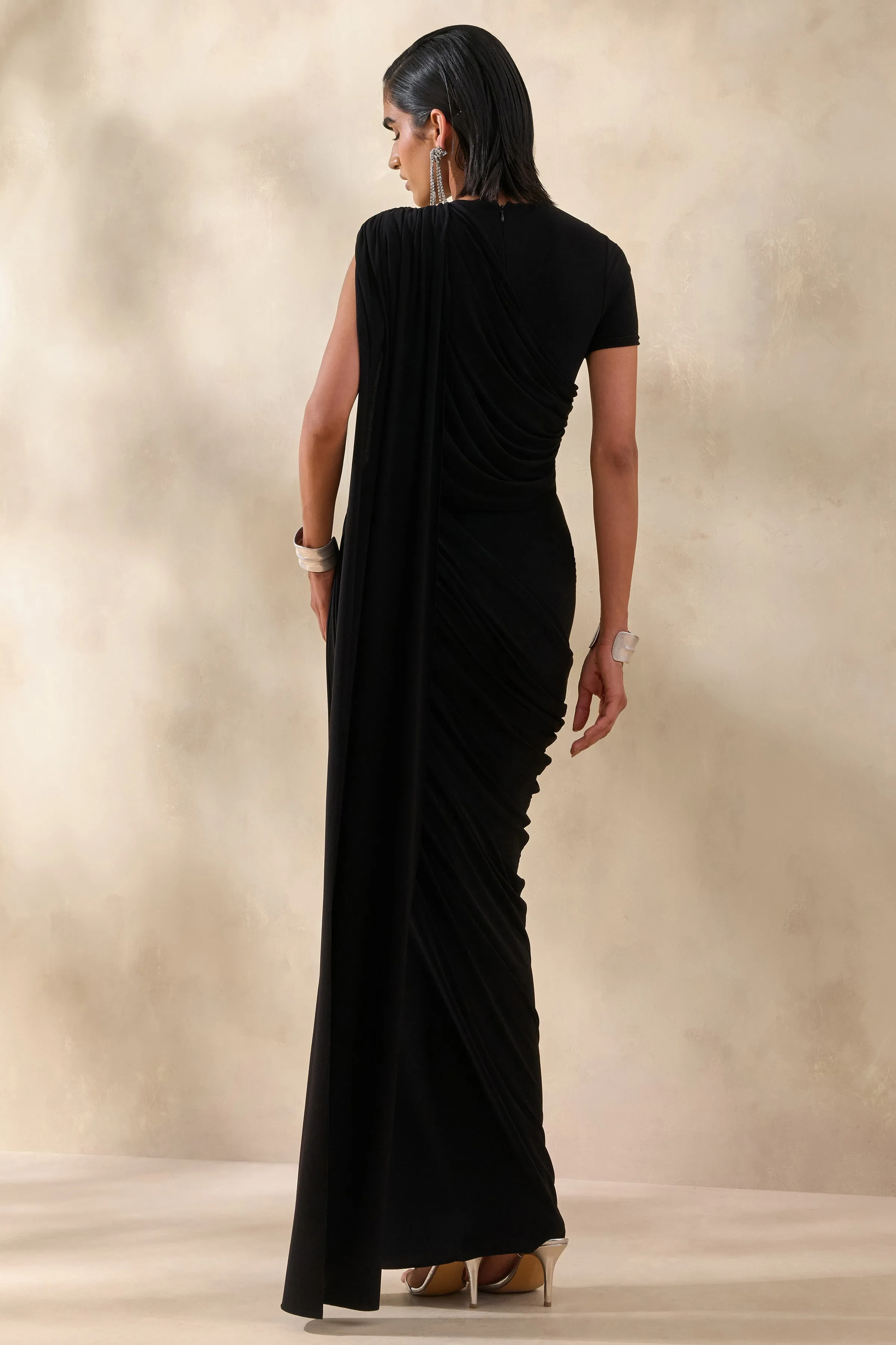 Gisara | Black High-Neck Maxi Dress With Sash And Draped-Detailing sold by Club L London product image thumbnail 2
