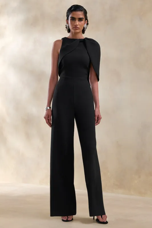 Quinley | Black Asymmetric-Neck Jumpsuit With Cape-Sleeve made by Club L London