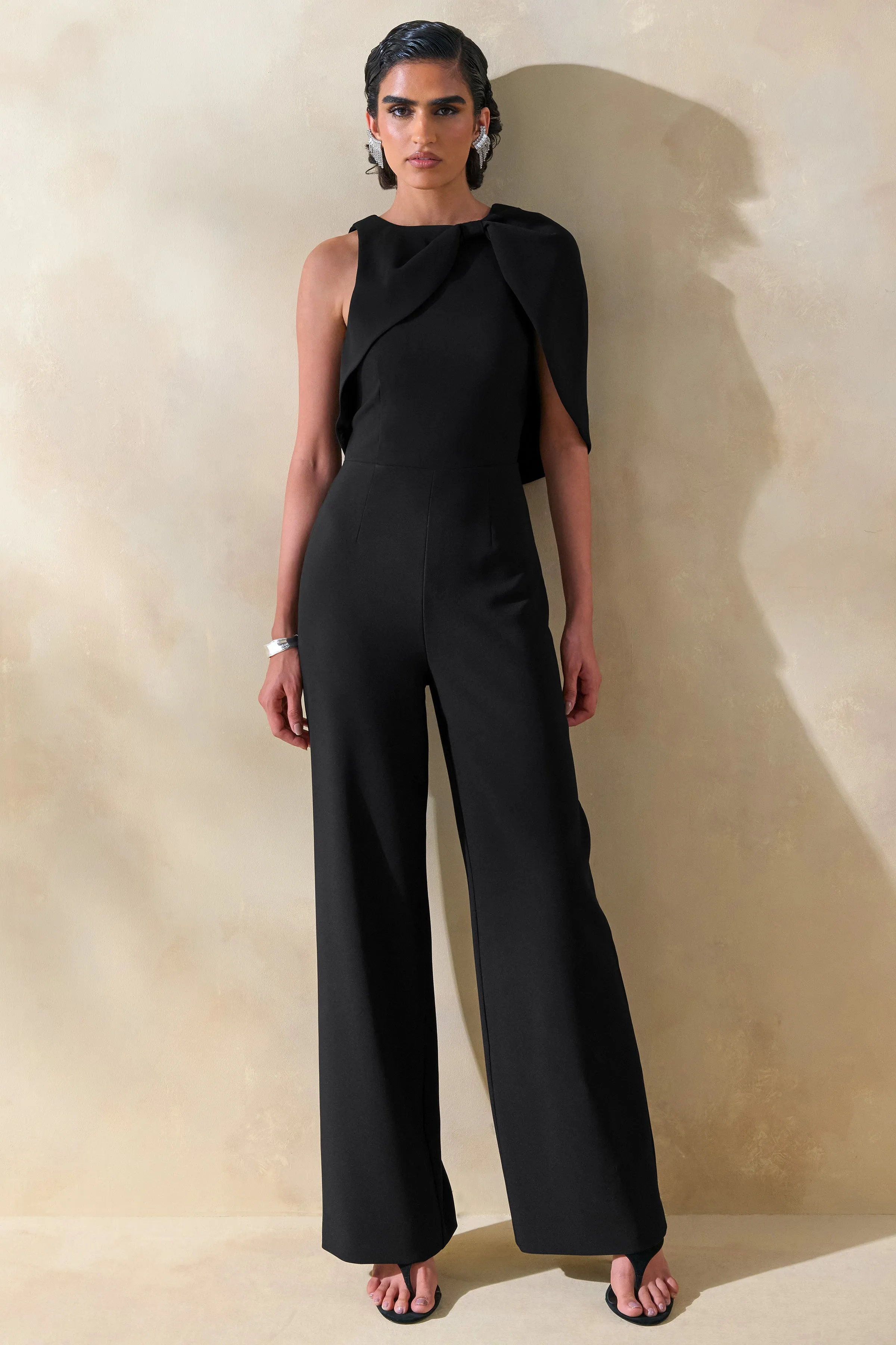 Quinley | Black Asymmetric-Neck Jumpsuit With Cape-Sleeve sold by Club L London product image thumbnail 5