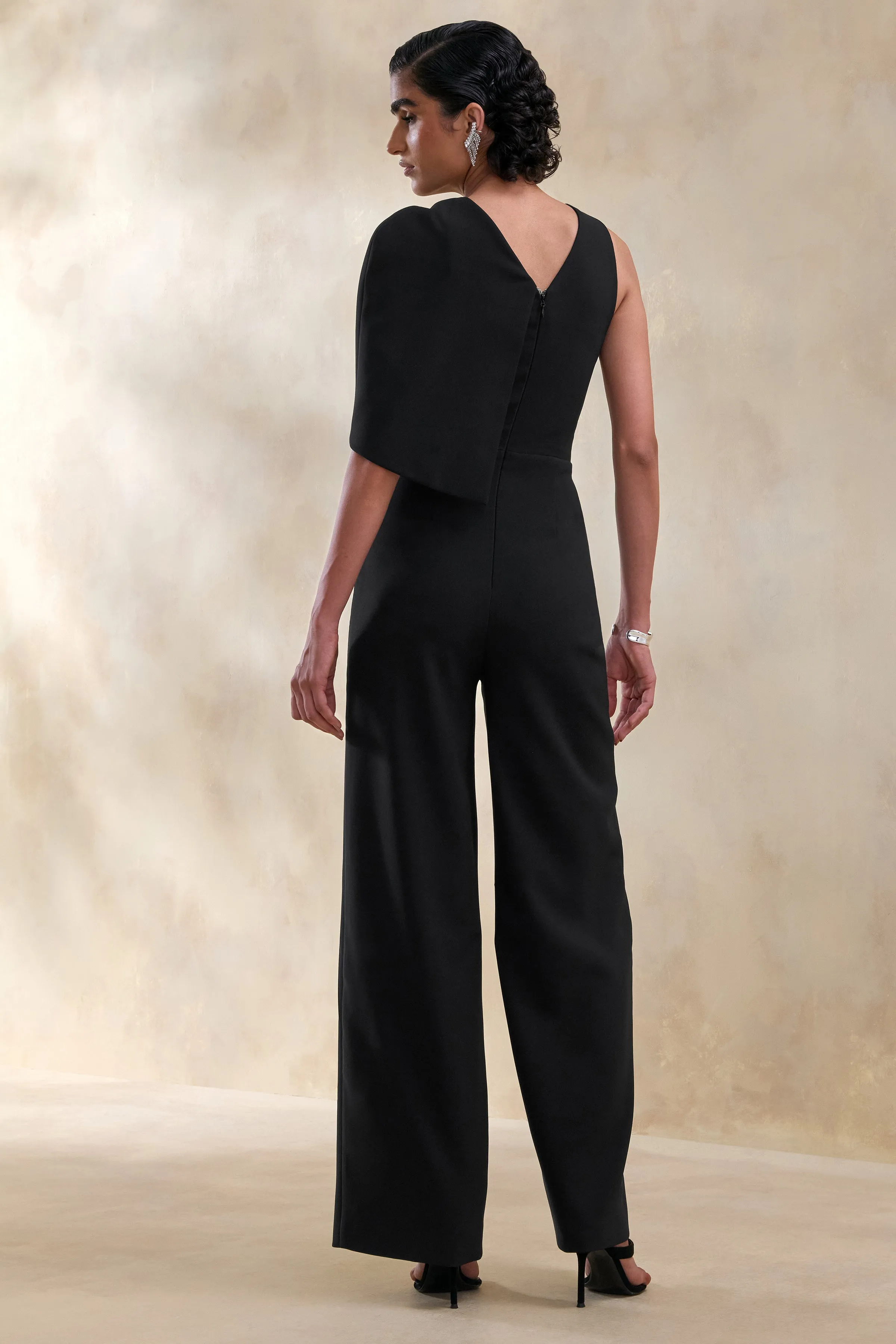 Quinley | Black Asymmetric-Neck Jumpsuit With Cape-Sleeve sold by Club L London product image thumbnail 2