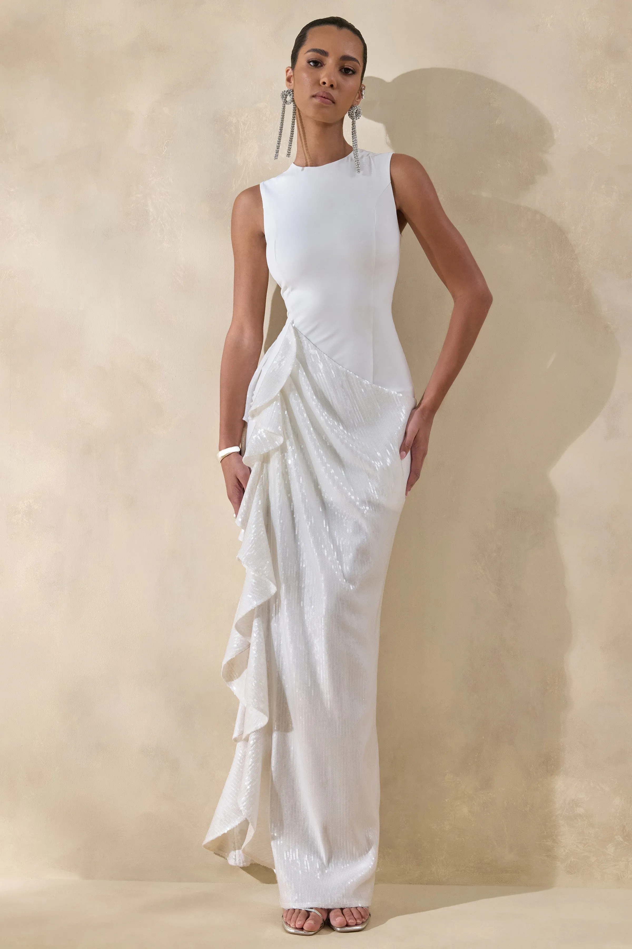 Ada | White Crew-Neck Maxi Dress With Sheer Skirt And Ruffled Detailing sold by Club L London product image thumbnail 5