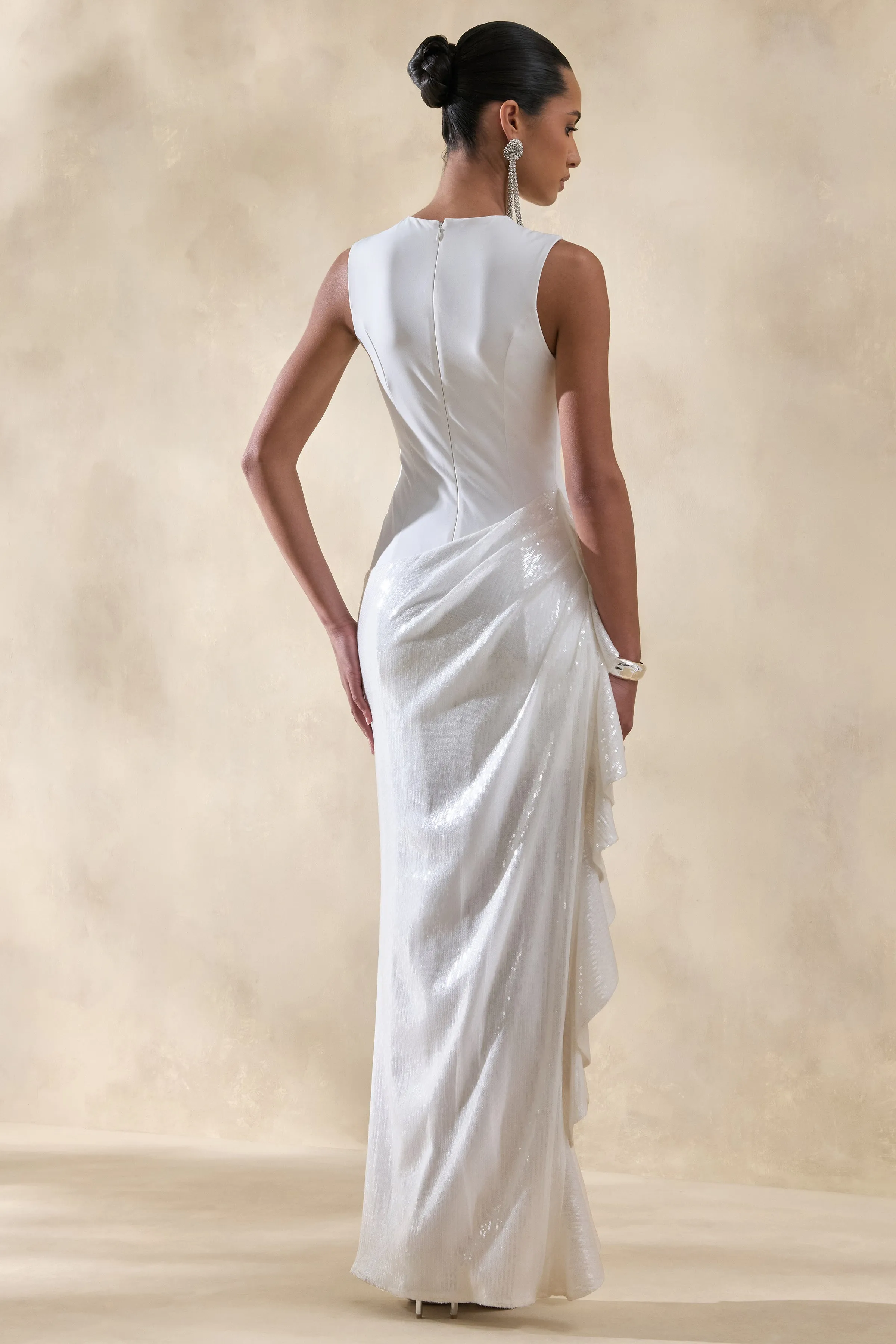 Ada | White Crew-Neck Maxi Dress With Sheer Skirt And Ruffled Detailing sold by Club L London product image thumbnail 2