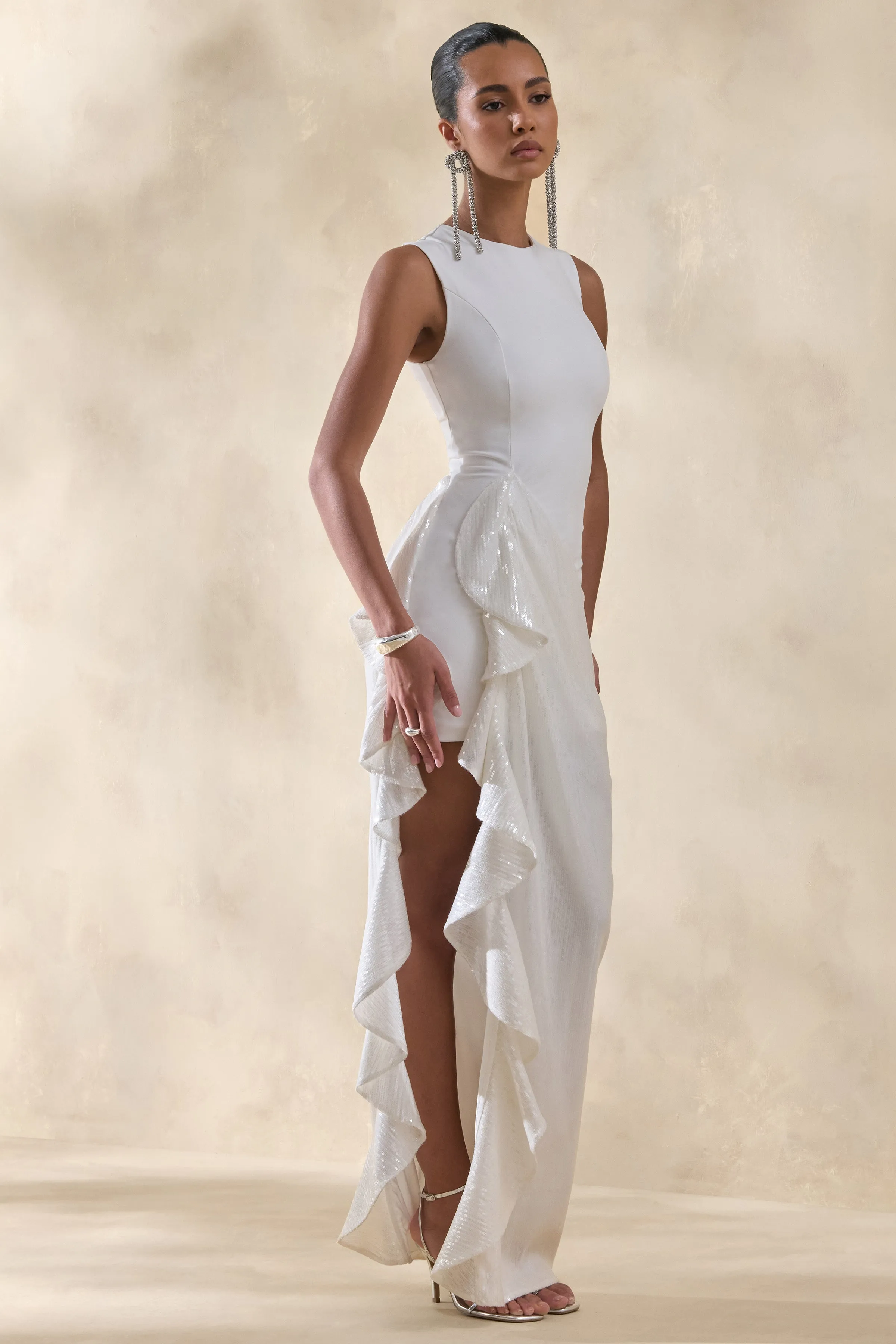 Ada | White Crew-Neck Maxi Dress With Sheer Skirt And Ruffled Detailing sold by Club L London product image thumbnail 4
