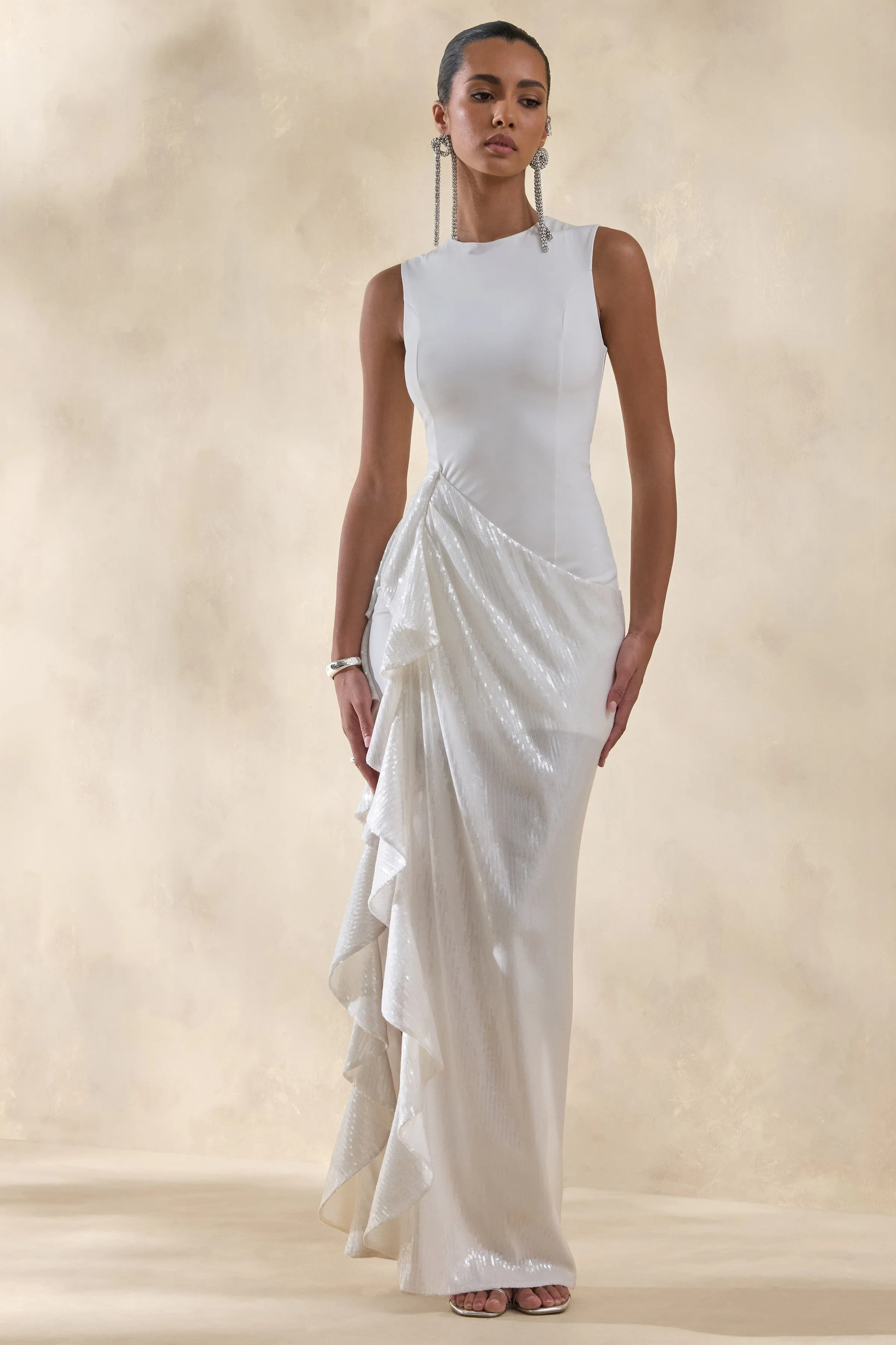 Ada | White Crew-Neck Maxi Dress With Sheer Skirt And Ruffled Detailing sold by Club L London
