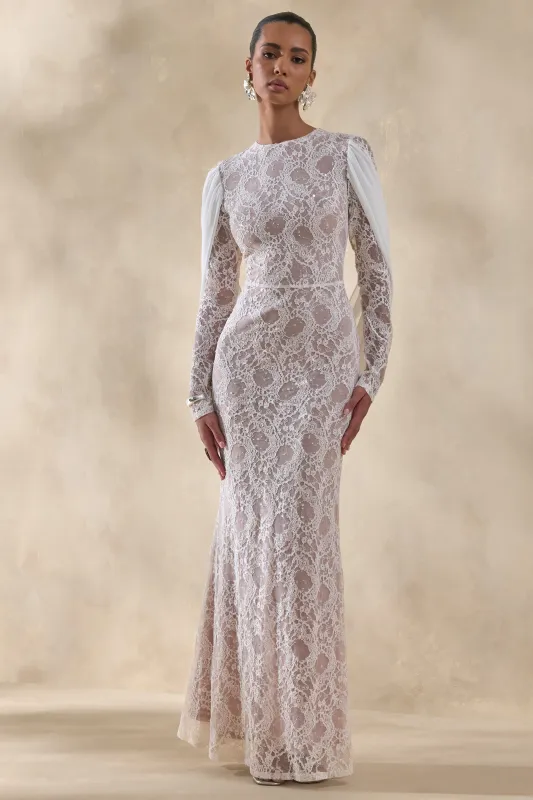 Nabina | White Lace Crew-Neck Maxi Dress With Draped Back-Detail sold by Club L London