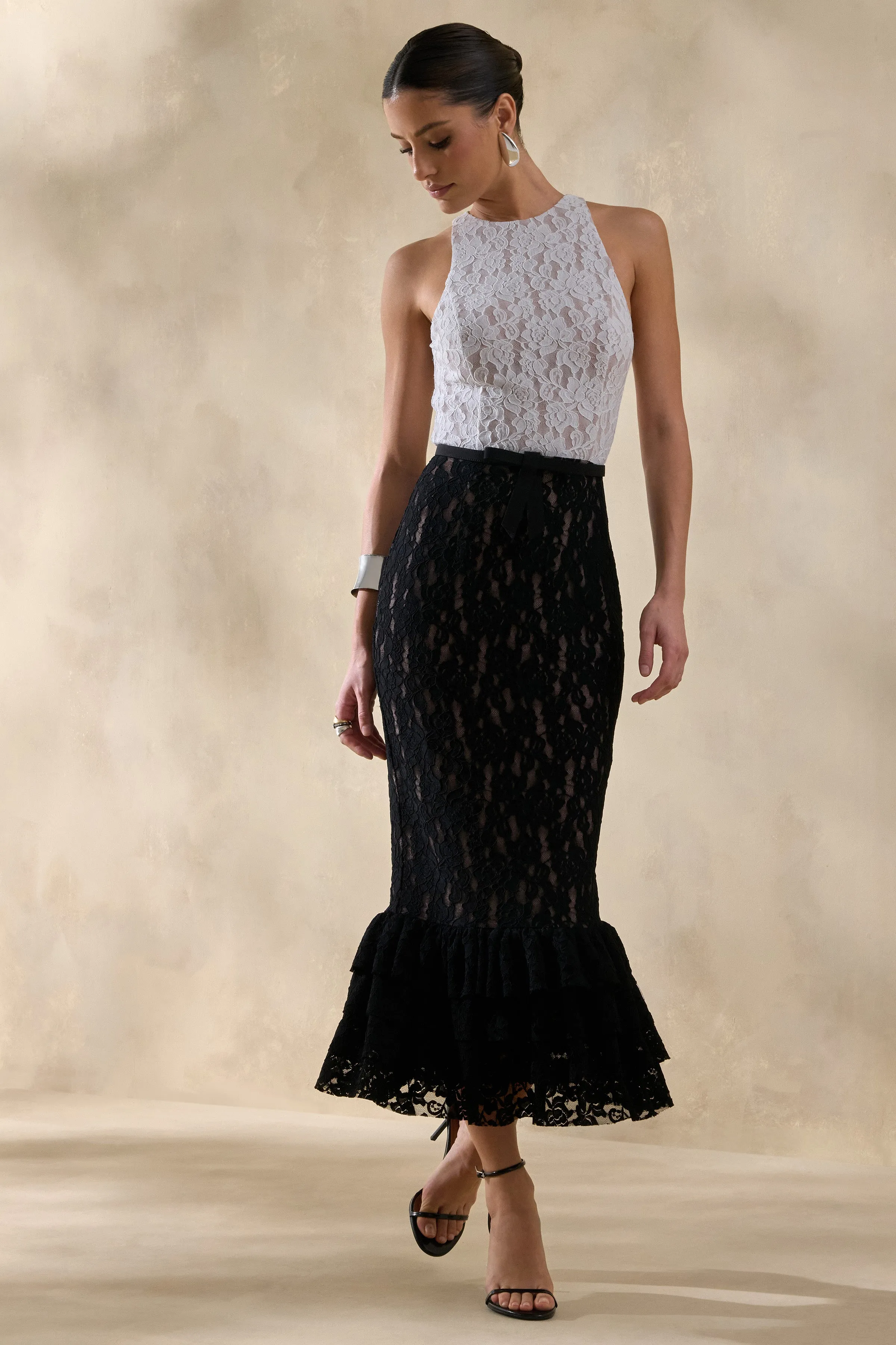 Vionna | Black And White Lace High-Neck Midi Dress With Bow-Belt Detail sold by Club L London product image thumbnail 5