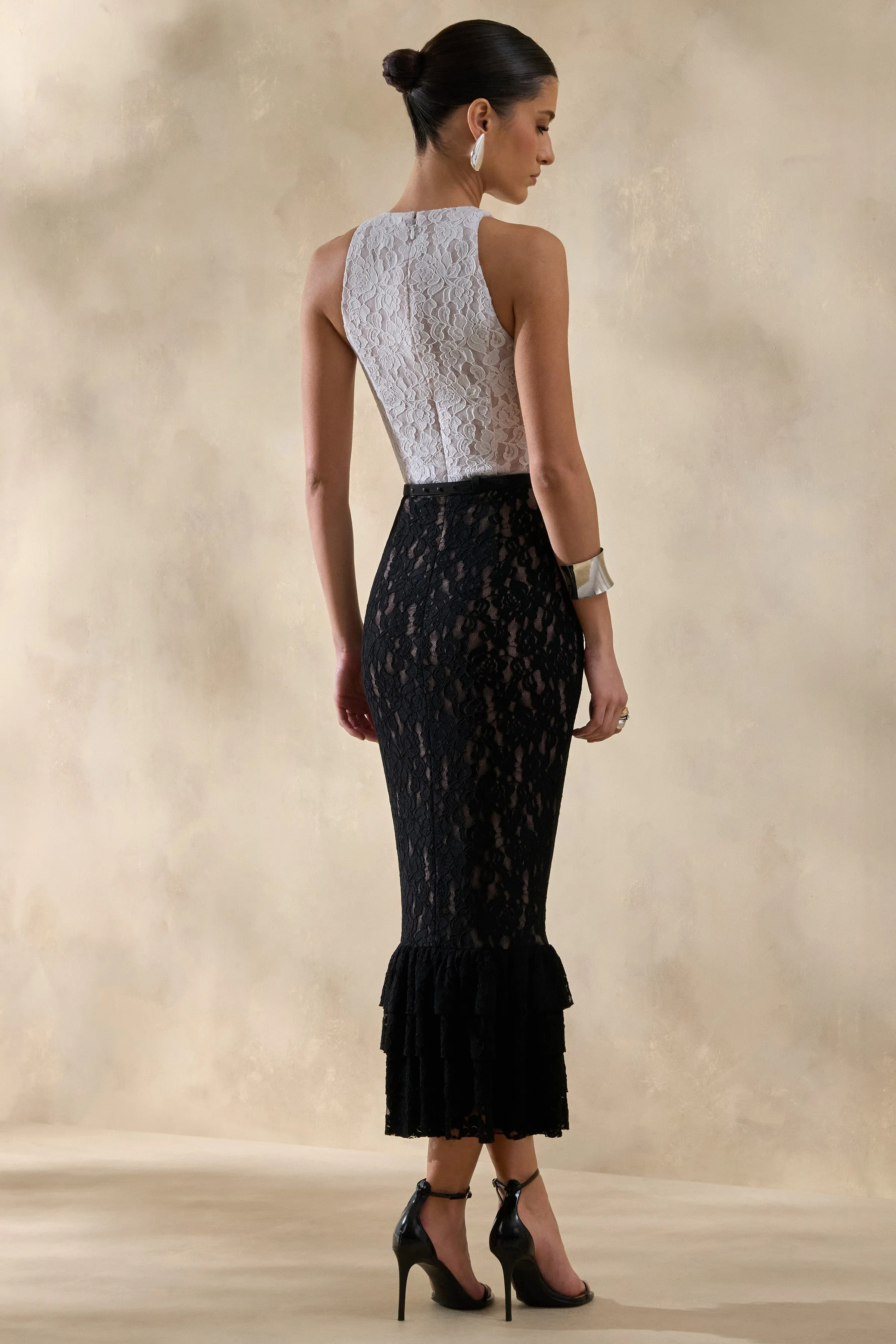 Vionna | Black And White Lace High-Neck Midi Dress With Bow-Belt Detail sold by Club L London product image thumbnail 2
