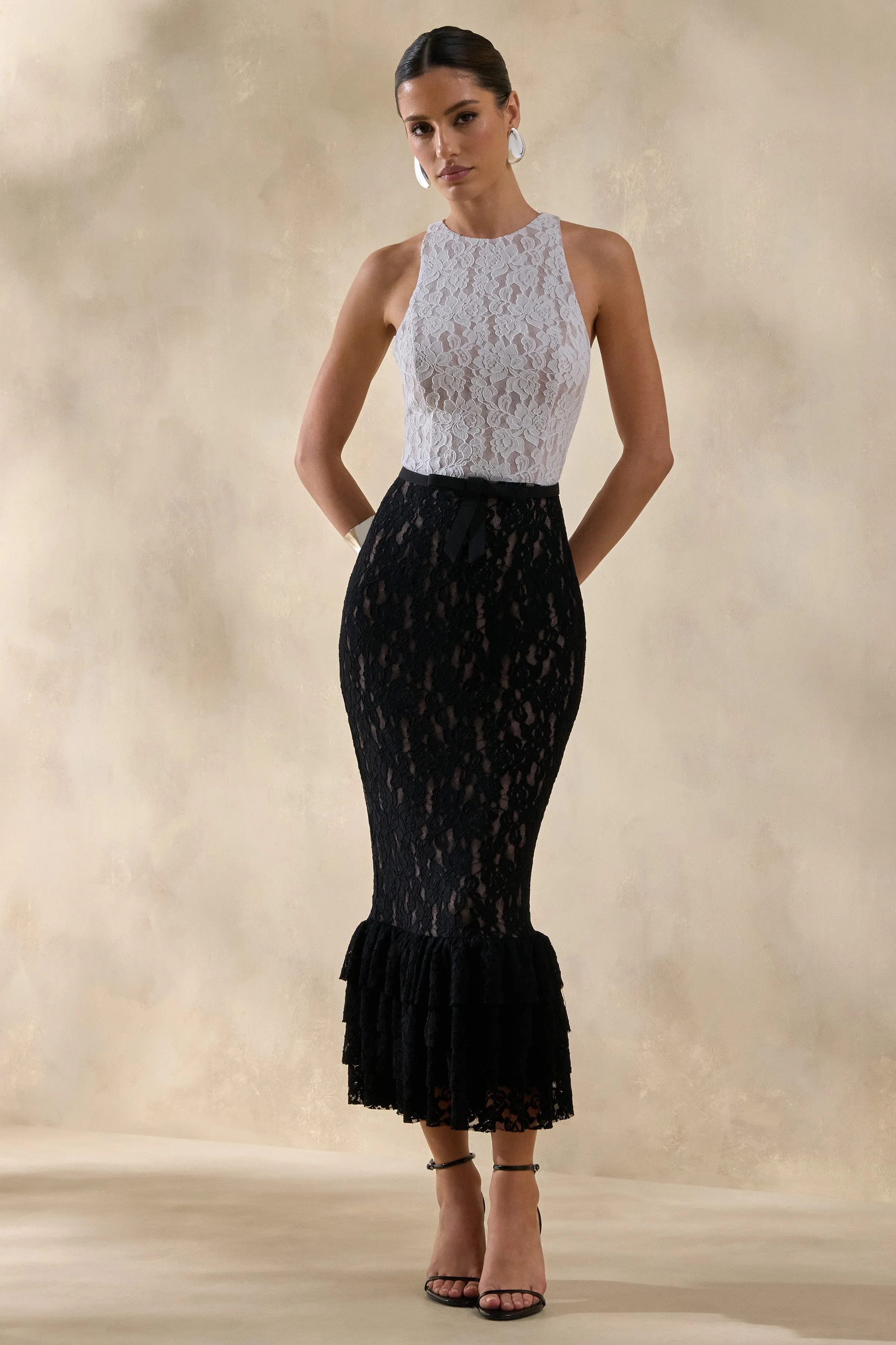 Vionna | Black And White Lace High-Neck Midi Dress With Bow-Belt Detail sold by Club L London product image thumbnail 4