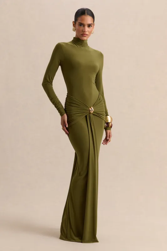 Ambrette | Olive High-Neck Maxi Dress With Gathered-Detailing made by Club L London