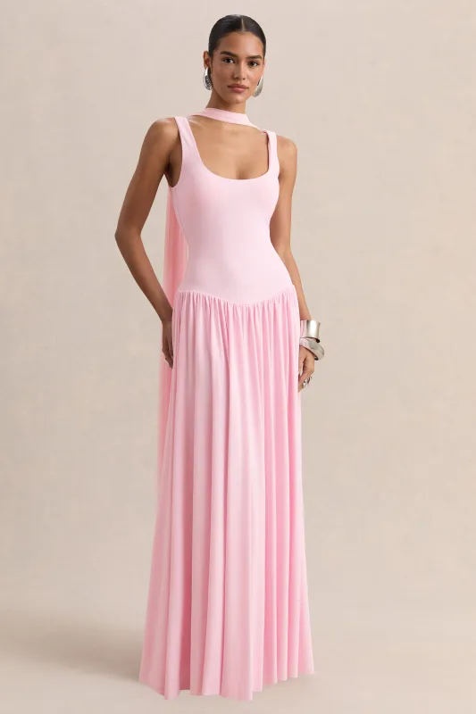 Aurina | Pink Square-Neck Maxi Dress With Scarf-Detail sold by Club L London