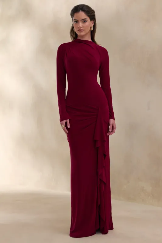 Karessa | Berry High-Neck Maxi Dress With Gathered Detailing And Front-High Split made by Club L London