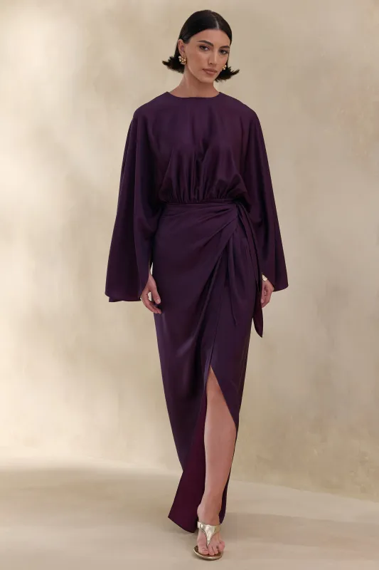 Delphina | Plum Satin Maxi Dress With Gathered And Knot-Detail made by Club L London