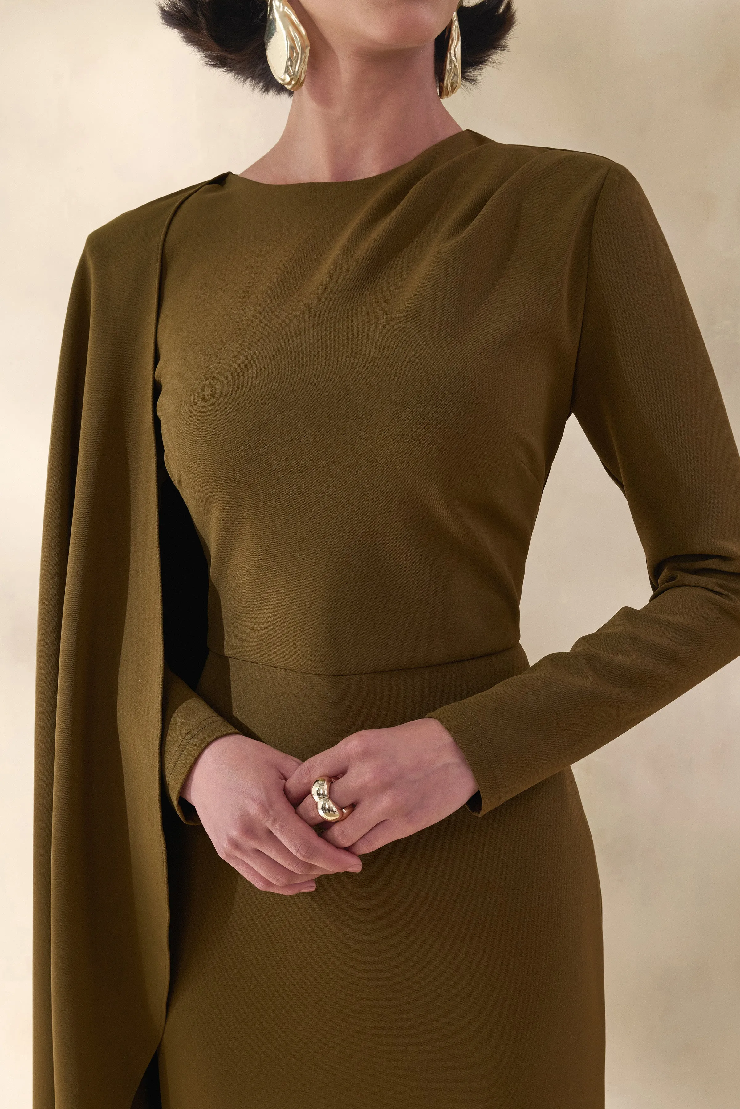 Jovea | Olive Round-Neck Maxi Dress With Cape-Sleeve sold by Club L London product image thumbnail 3